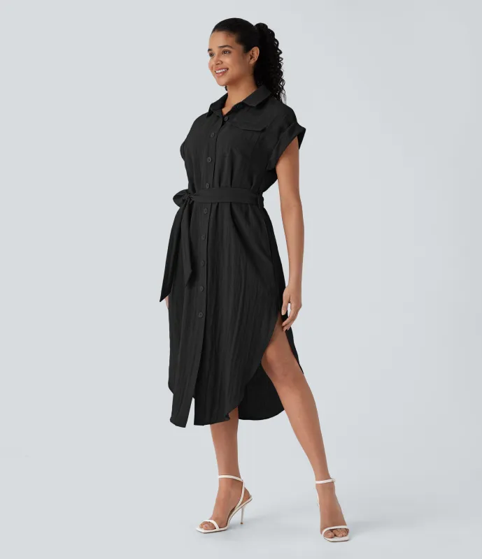Halara Vestido oficina tacto lino media pierna cuello manga corta botón cinturón múltiple bolsillo dobladillo curvo - Black - XS made by Halara