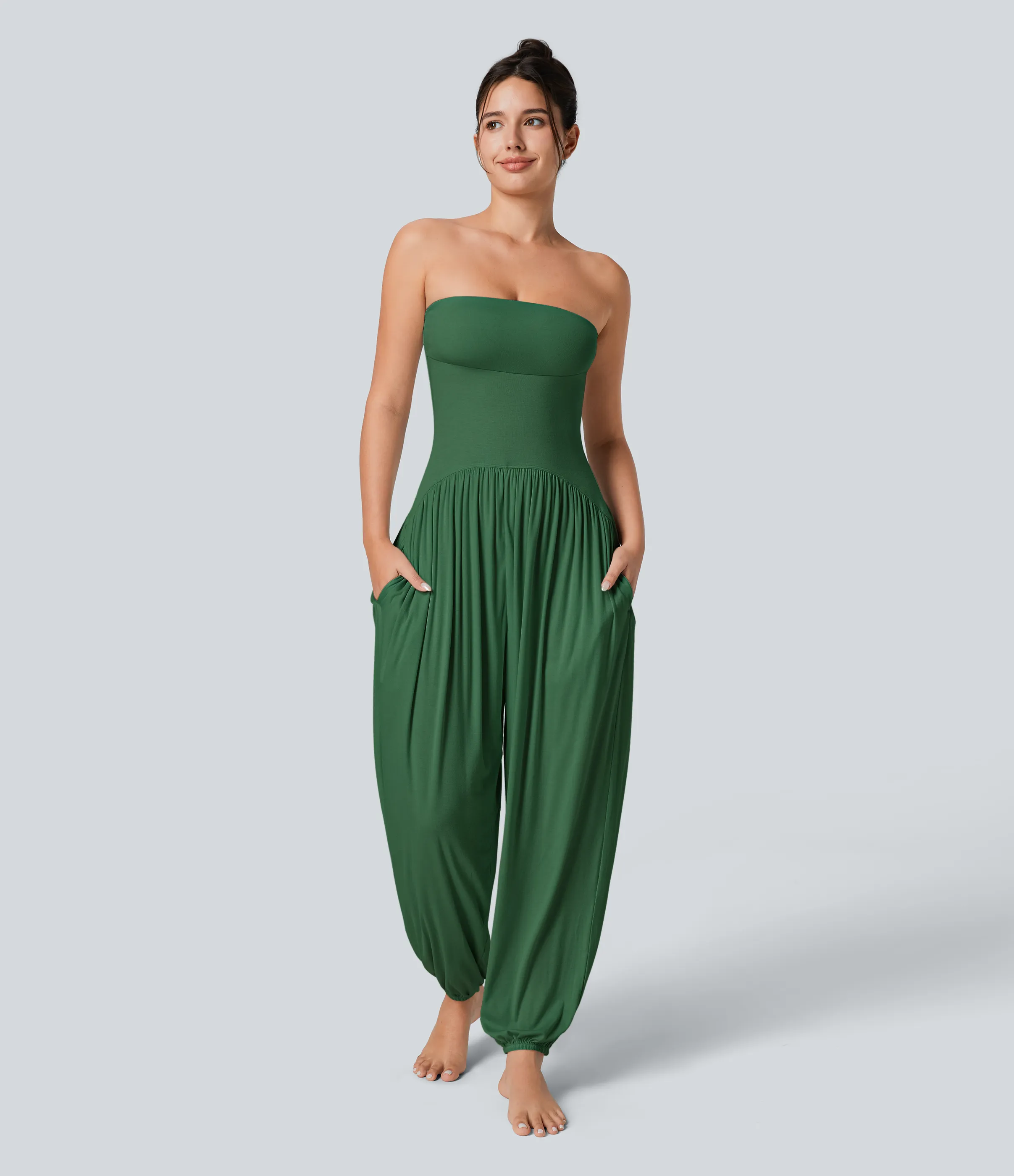Halara Mono bolsillo lateral plisado sin espalda tubo acanalado - Dark Verdant Green - XS(petite) sold by Halara
