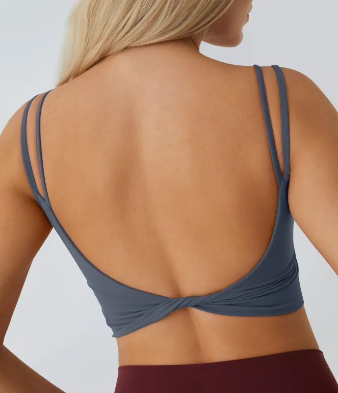 Halara Top corto de yoga con tirantes dobles, espalda cruzada y retorcida en copas D-F - Night Sea Blue - XS made by Halara