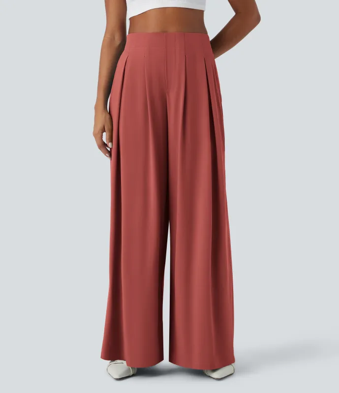 Halara Pantalón Breezeful™ secado rápido palazzo liso fluido bolsillo lateral plisado pierna ancha fruncido - Kapok Red - M(regular) made by Halara