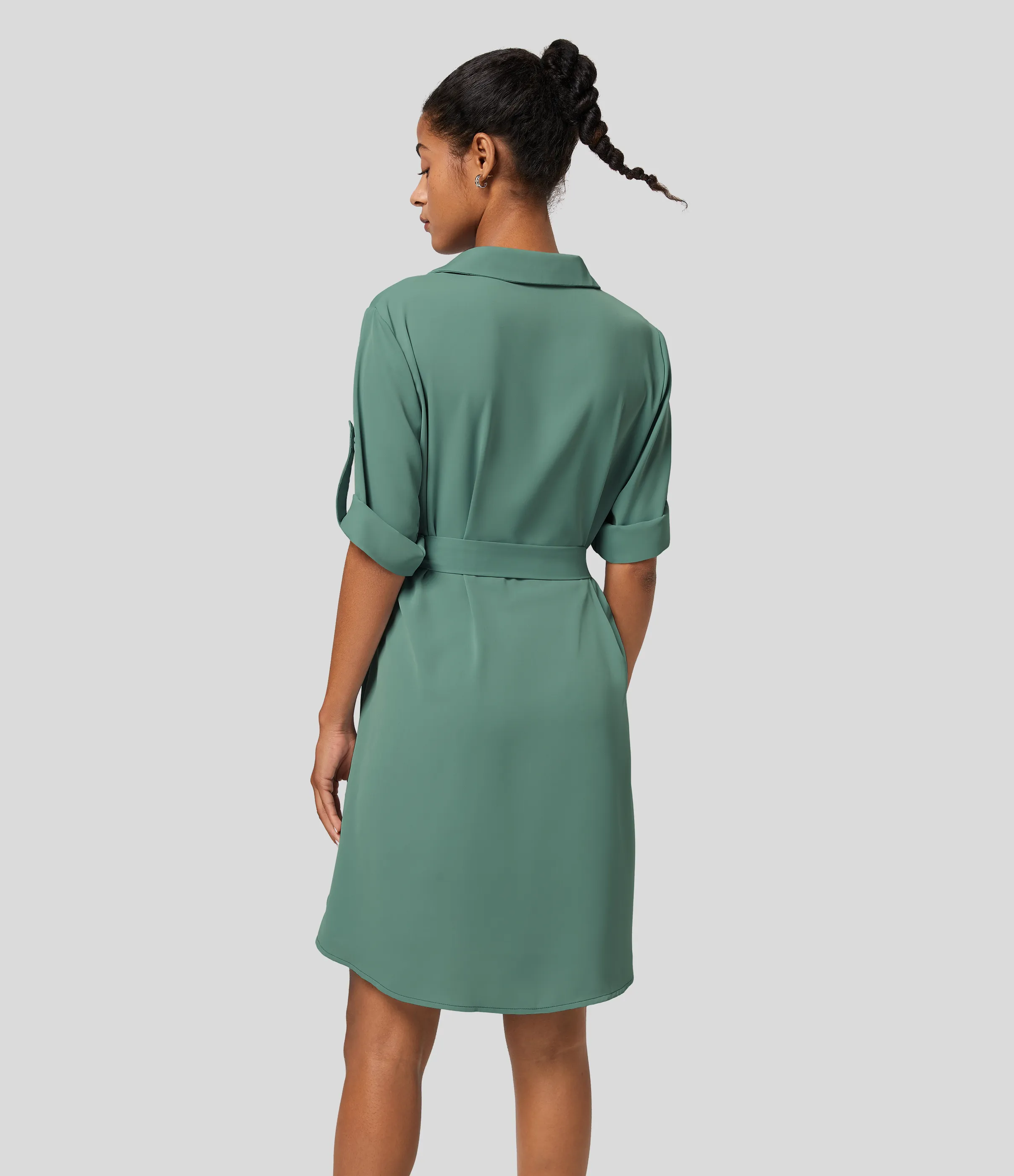 Halara Vestido camisero oficina midi cinturón manga enrollada cuello - Crème de Menthe - S sold by Halara product image thumbnail 3