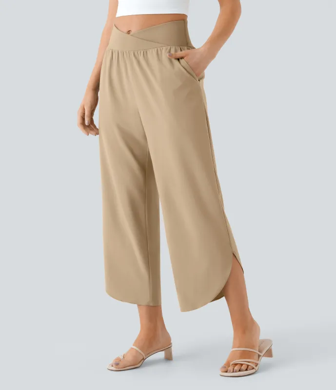 Halara Pantalón Breezeful™ Resort secado rápido abertura bolsillo lateral plisado cruzado tiro alto - Curds & Whey - L(regular) made by Halara