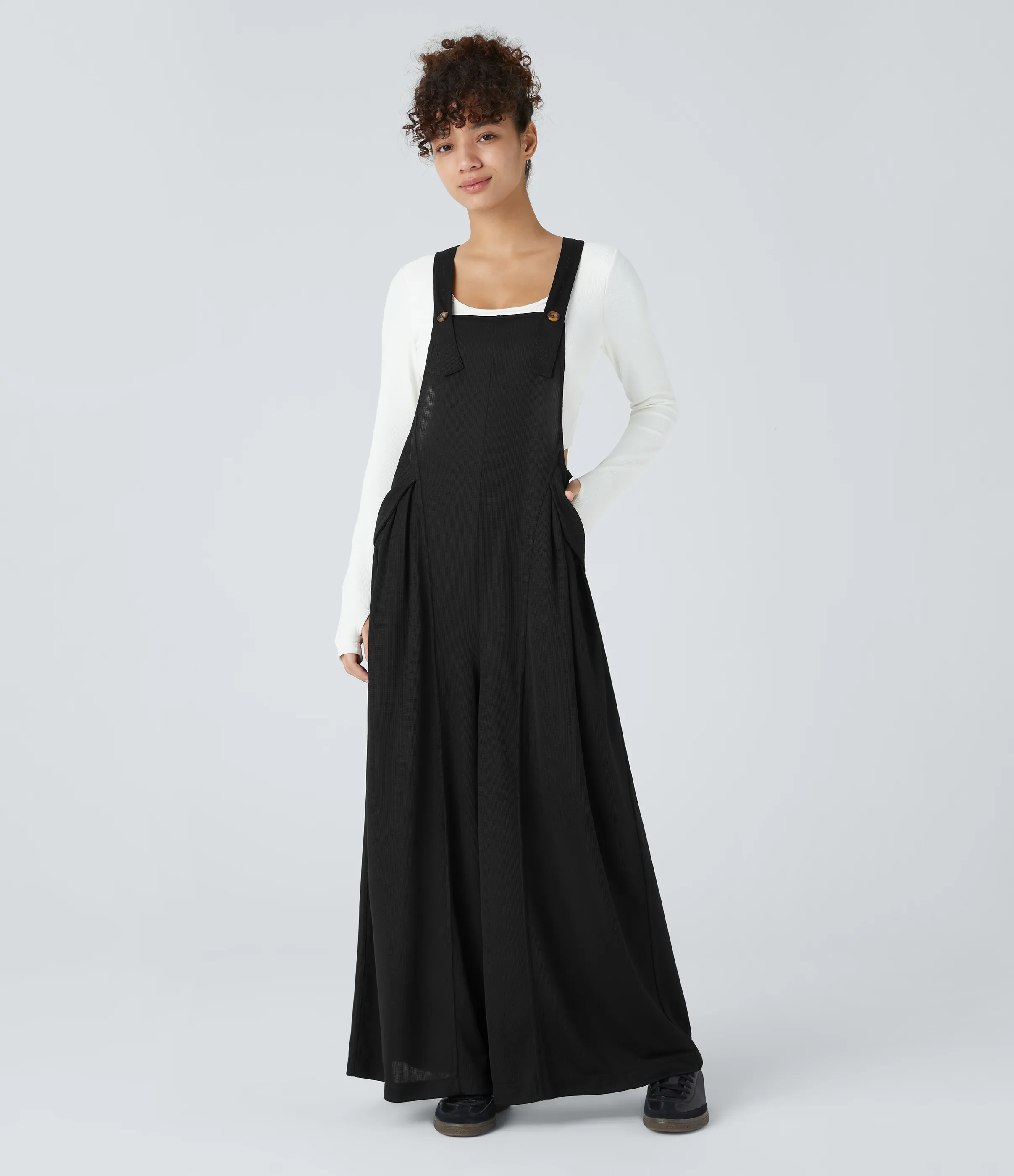 Halara Mono pierna ancha pliegue bolsillo lateral correa ajustable botón - Black - XS(regular) sold by Halara