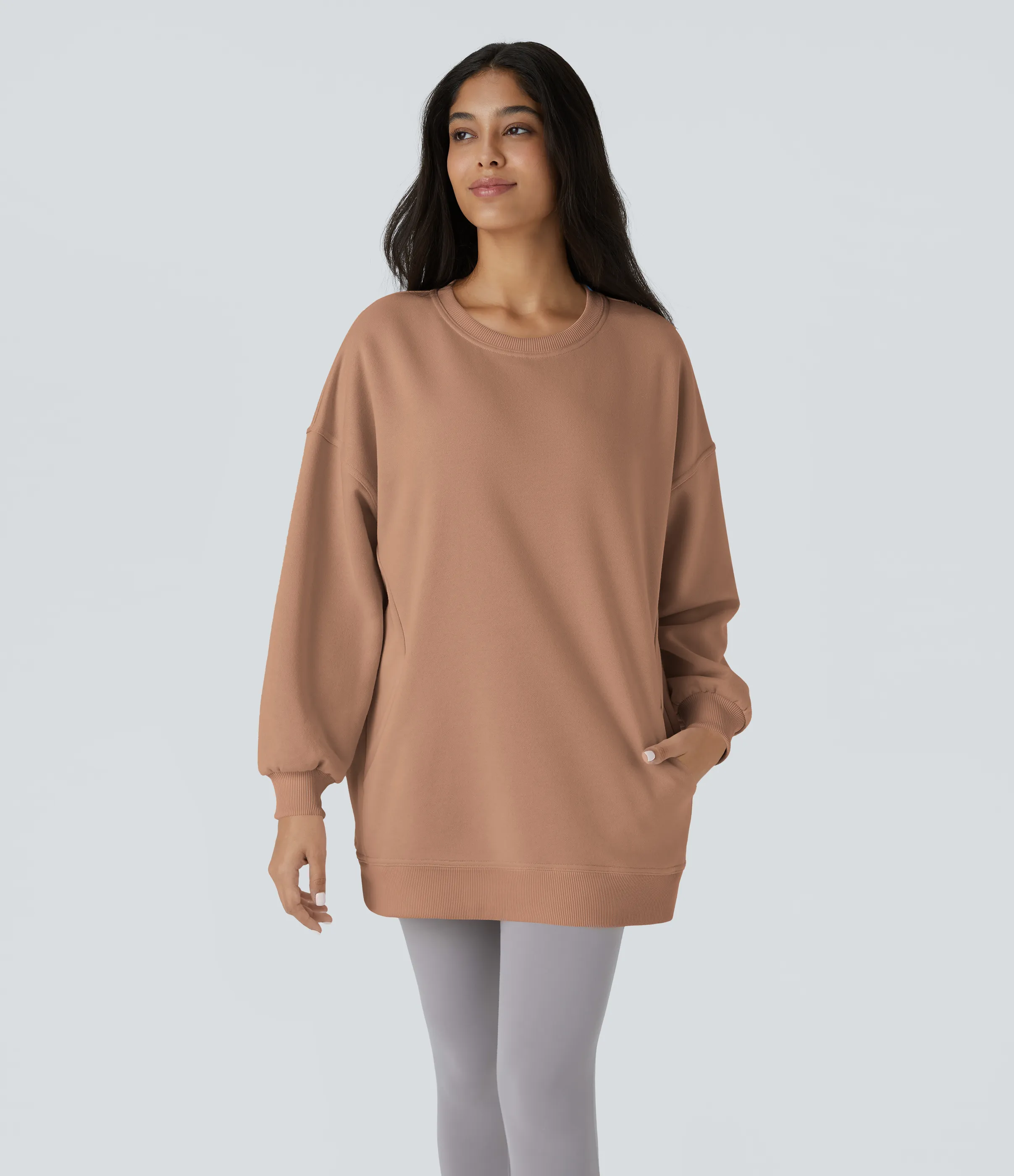 Halara Sudadera polar gran tamaño bolsillo lateral manga larga cuello redondo - Mocha Mousse - S sold by Halara product image thumbnail 3