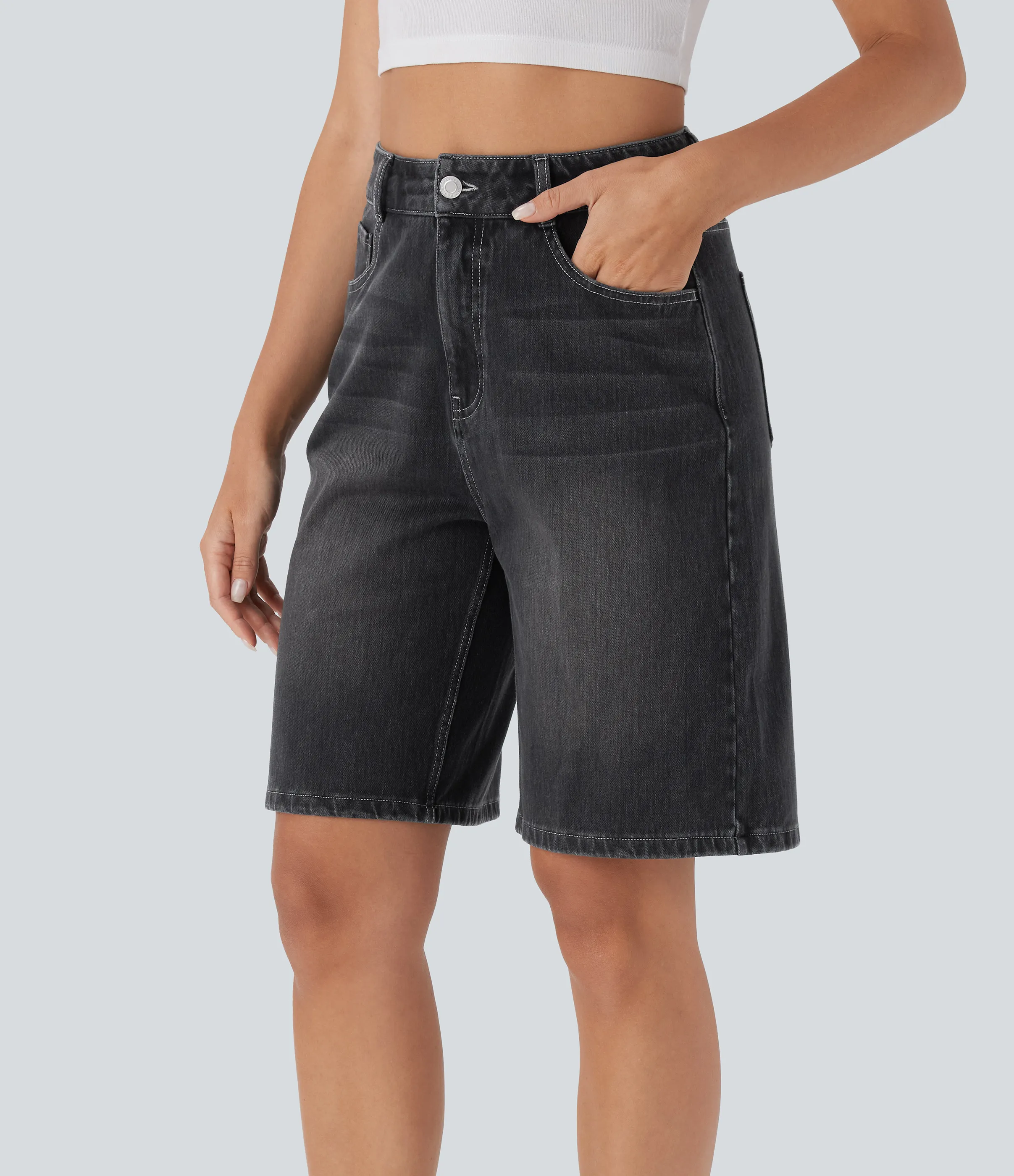Halara Bermudas Halara Flex™ Denim mezclilla elástico lavado múltiple bolsillo tiro alto - Phantom Denim - XL(regular) sold by Halara product image thumbnail 4