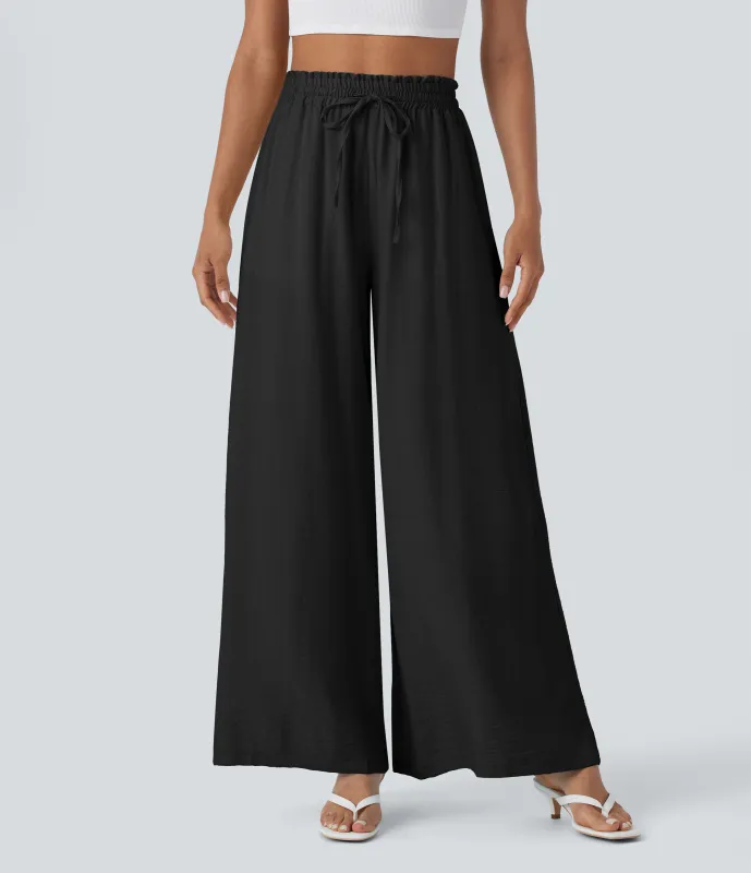 Halara Pantalón lino tiro alto bolsillo lateral cordón ajustable - Black - XS(regular) sold by Halara