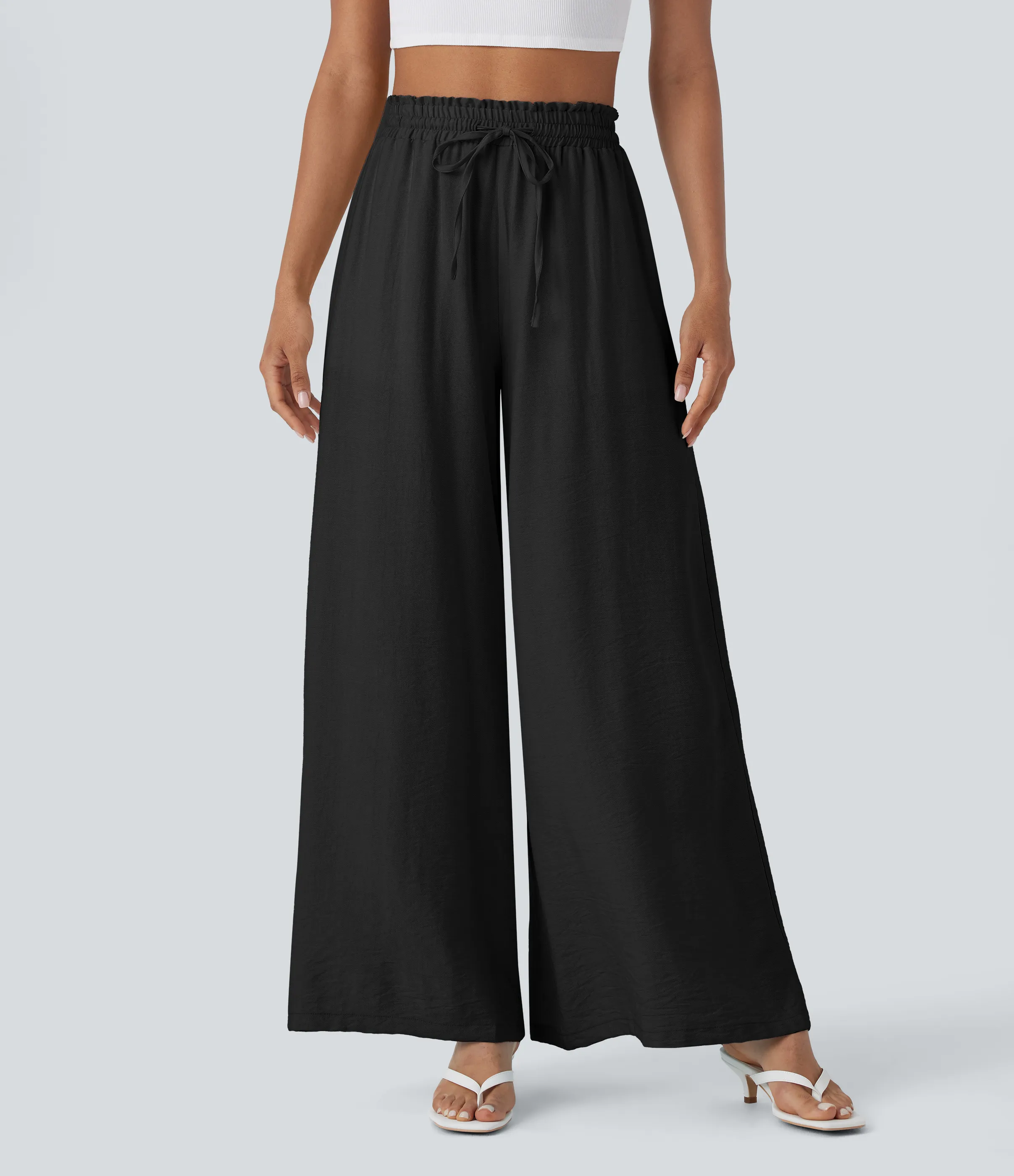 Halara Pantalón lino tiro alto bolsillo lateral cordón ajustable - Black - XS(regular) sold by Halara