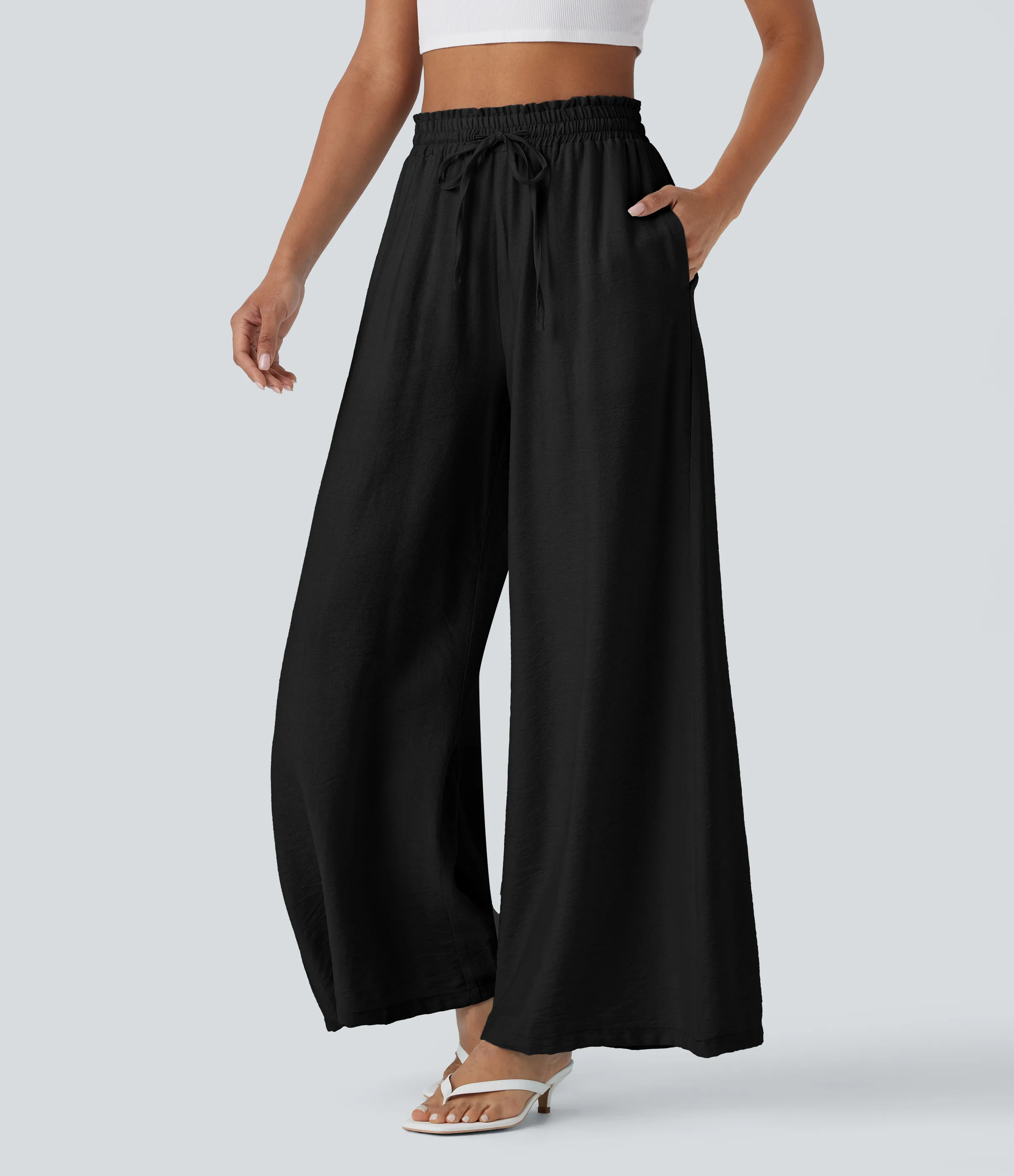 Halara Pantalón lino tiro alto bolsillo lateral cordón ajustable - Black - XS(regular) sold by Halara product image thumbnail 4