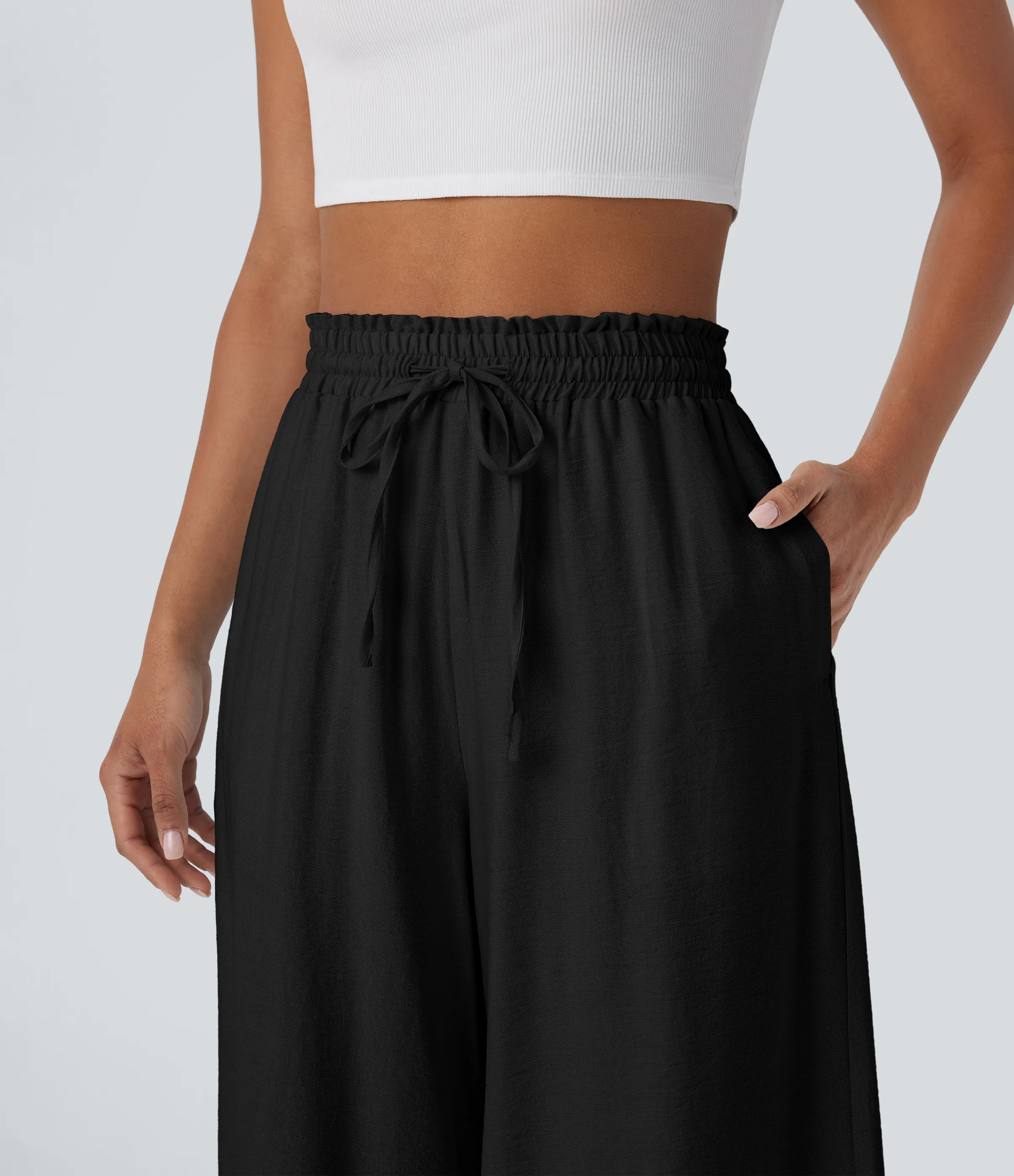 Halara Pantalón lino tiro alto bolsillo lateral cordón ajustable - Black - XS(regular) sold by Halara product image thumbnail 5