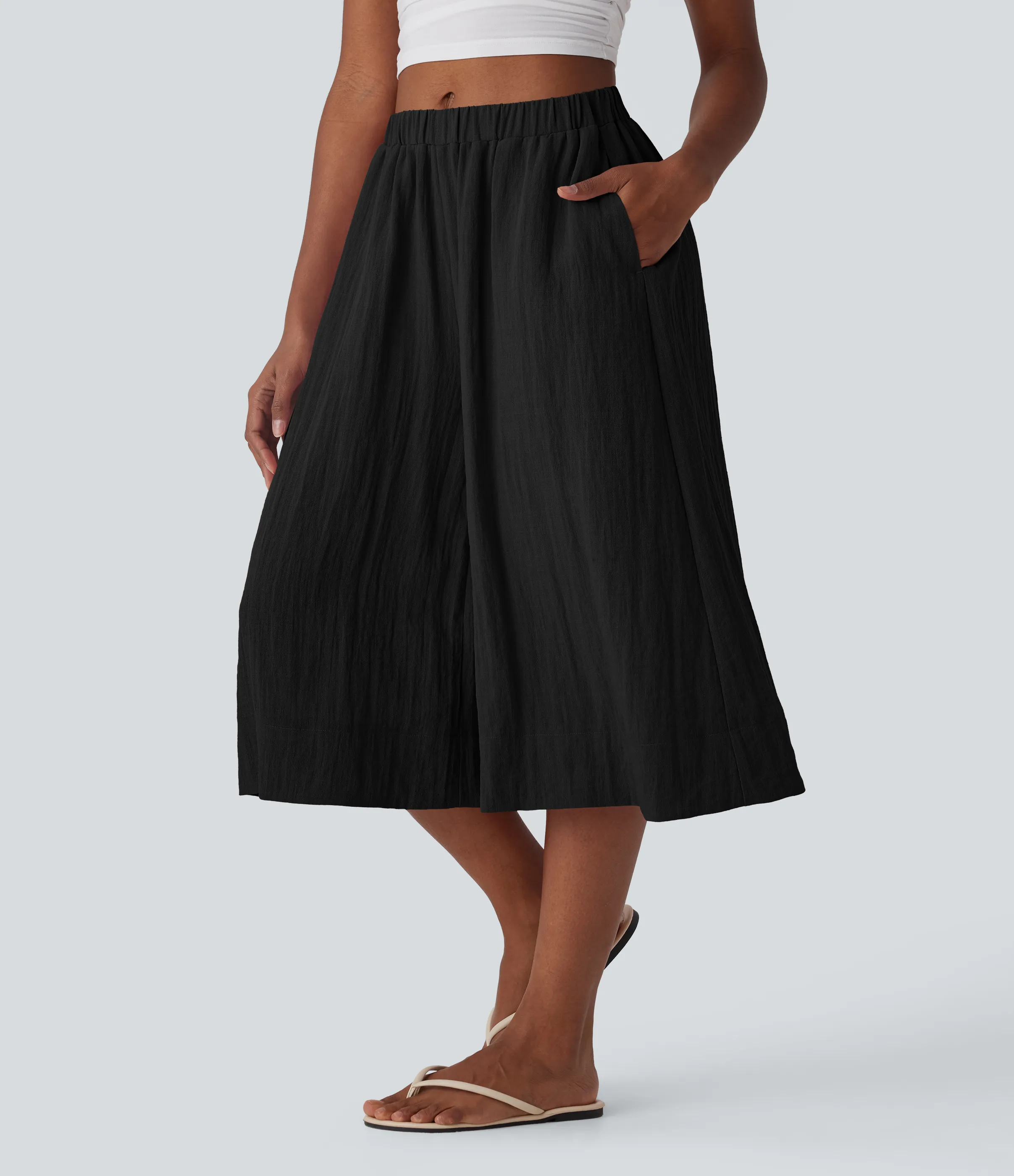 Halara Pantalones de lino anchos y fluidos de tiro medio con bolsillos laterales - Black - L(regular) sold by Halara product image thumbnail 4