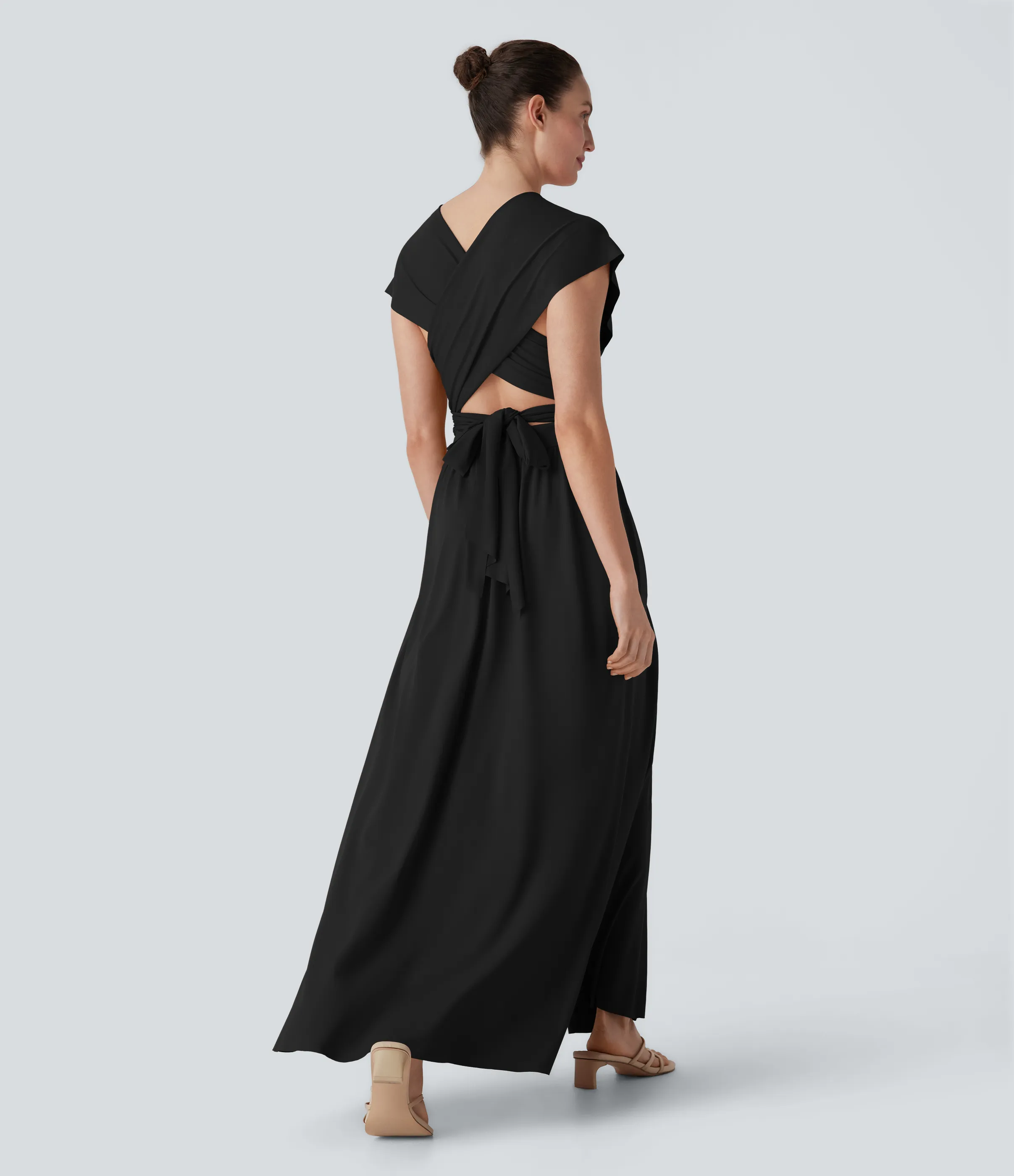 Halara Vestido de fiesta largo con escote en V de manga corta con abertura entrecruzada y lazo en la espalda y bolsillo lateral - Black - XL sold by Halara product image thumbnail 3