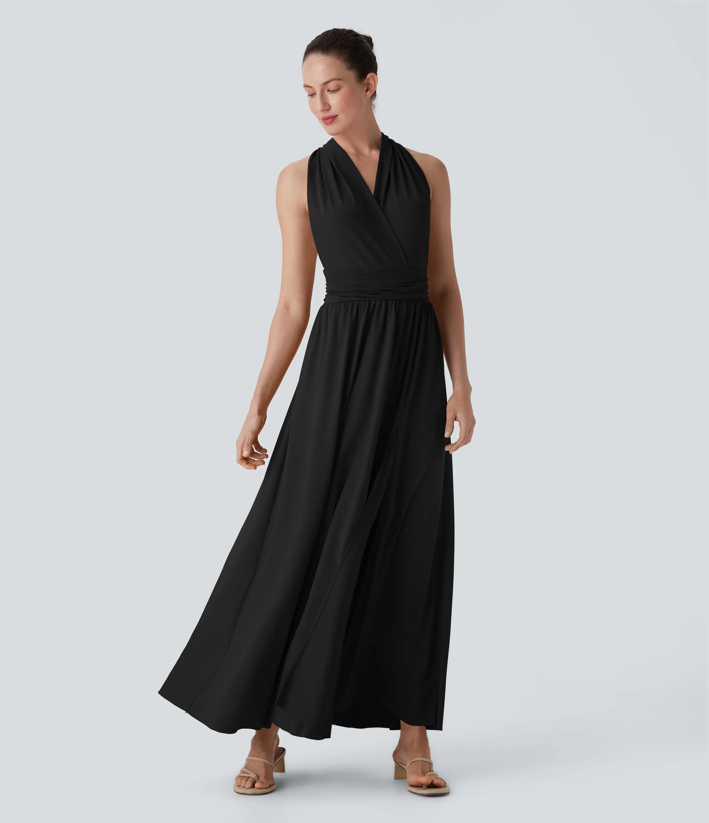 Halara Vestido de fiesta largo con escote en V de manga corta con abertura entrecruzada y lazo en la espalda y bolsillo lateral - Black - XL sold by Halara product image thumbnail 4