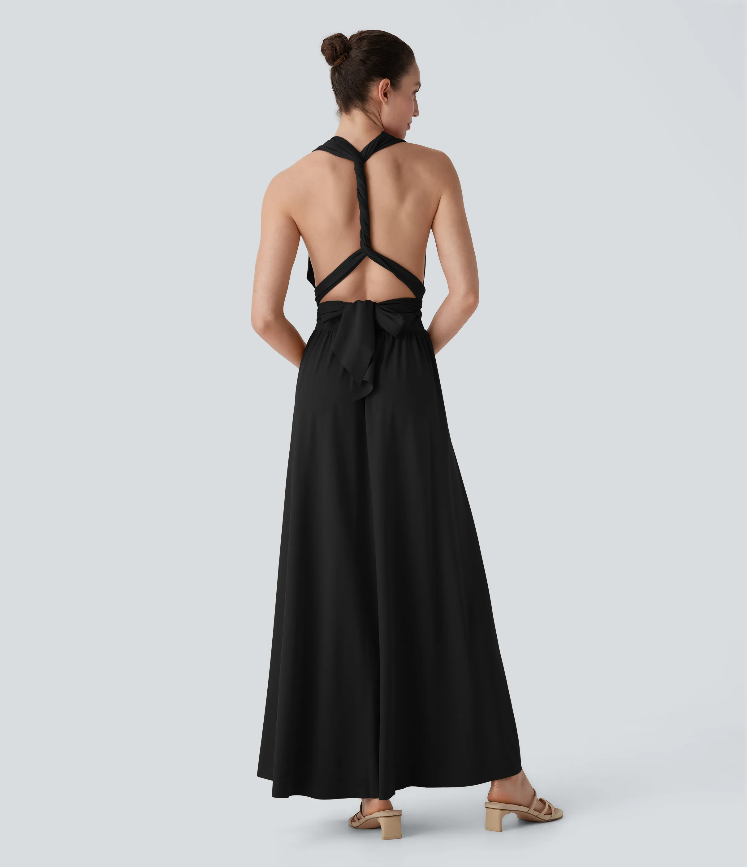 Halara Vestido de fiesta largo con escote en V de manga corta con abertura entrecruzada y lazo en la espalda y bolsillo lateral - Black - XL sold by Halara product image thumbnail 5