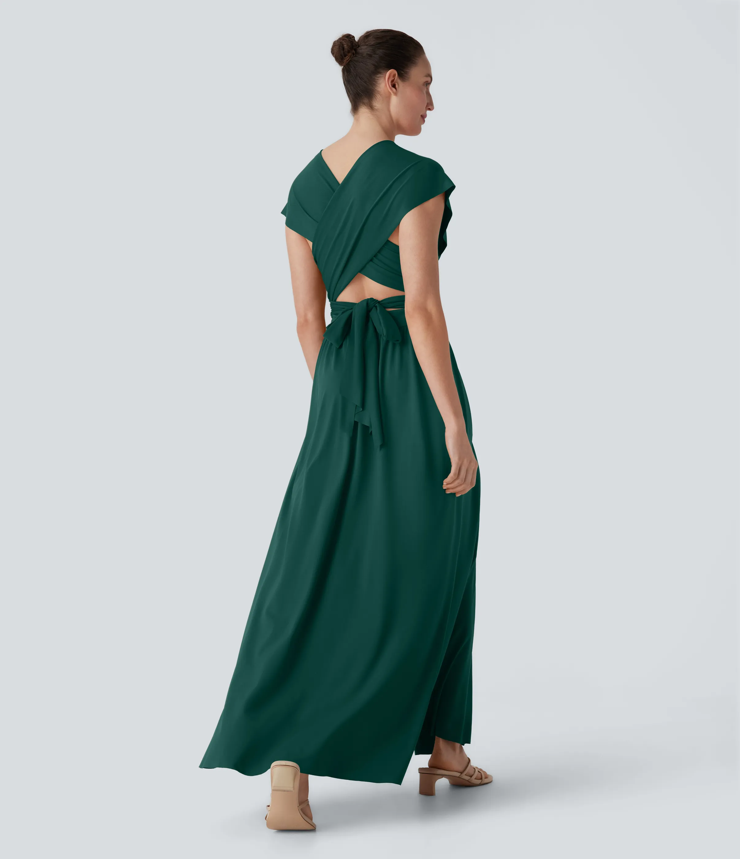 Halara Vestido de fiesta largo con escote en V de manga corta con abertura entrecruzada y lazo en la espalda y bolsillo lateral - Rain Forest - S sold by Halara product image thumbnail 3