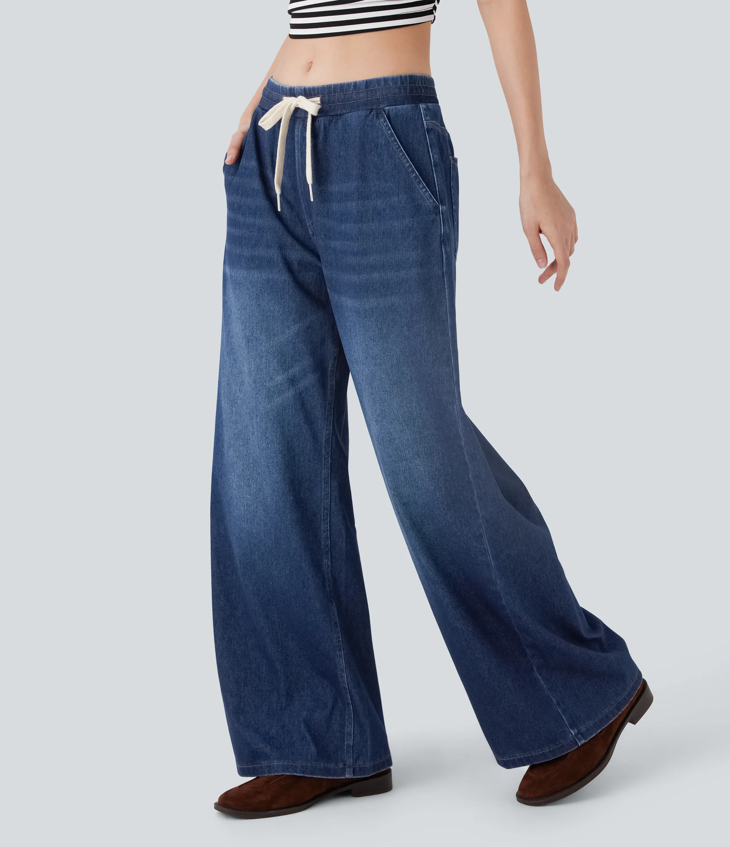 Halara Jeans Halara Flex™ Denim Baggy holgado tiro bajo elástico cordón múltiple bolsillo - Estate Blue Denim - L(petite) sold by Halara product image thumbnail 4