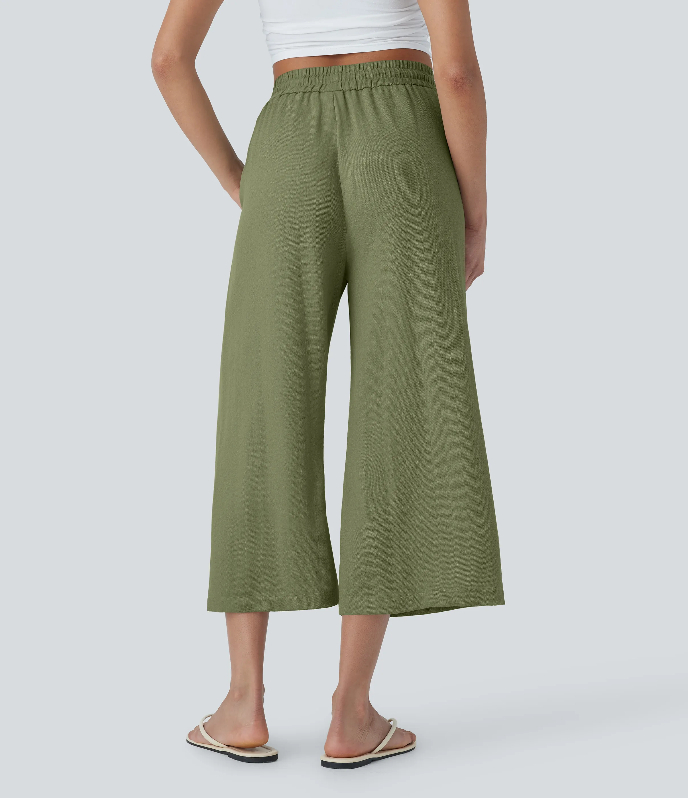 Halara Pantalón lino tiro alto cordón ajustable pierna ancha bolsillo lateral - Loden Green - XS(regular) sold by Halara product image thumbnail 3