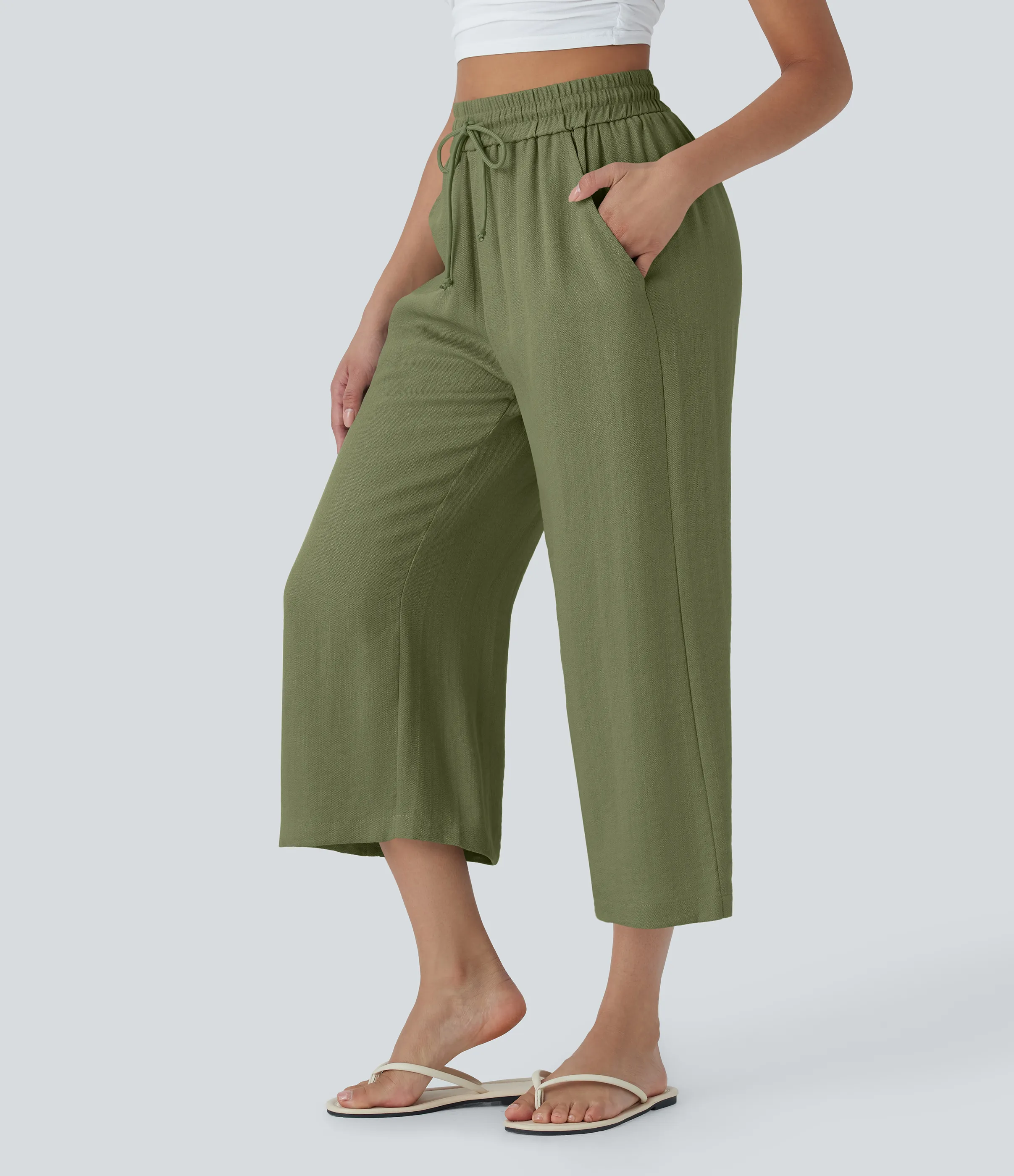 Halara Pantalón lino tiro alto cordón ajustable pierna ancha bolsillo lateral - Loden Green - XS(regular) sold by Halara product image thumbnail 4