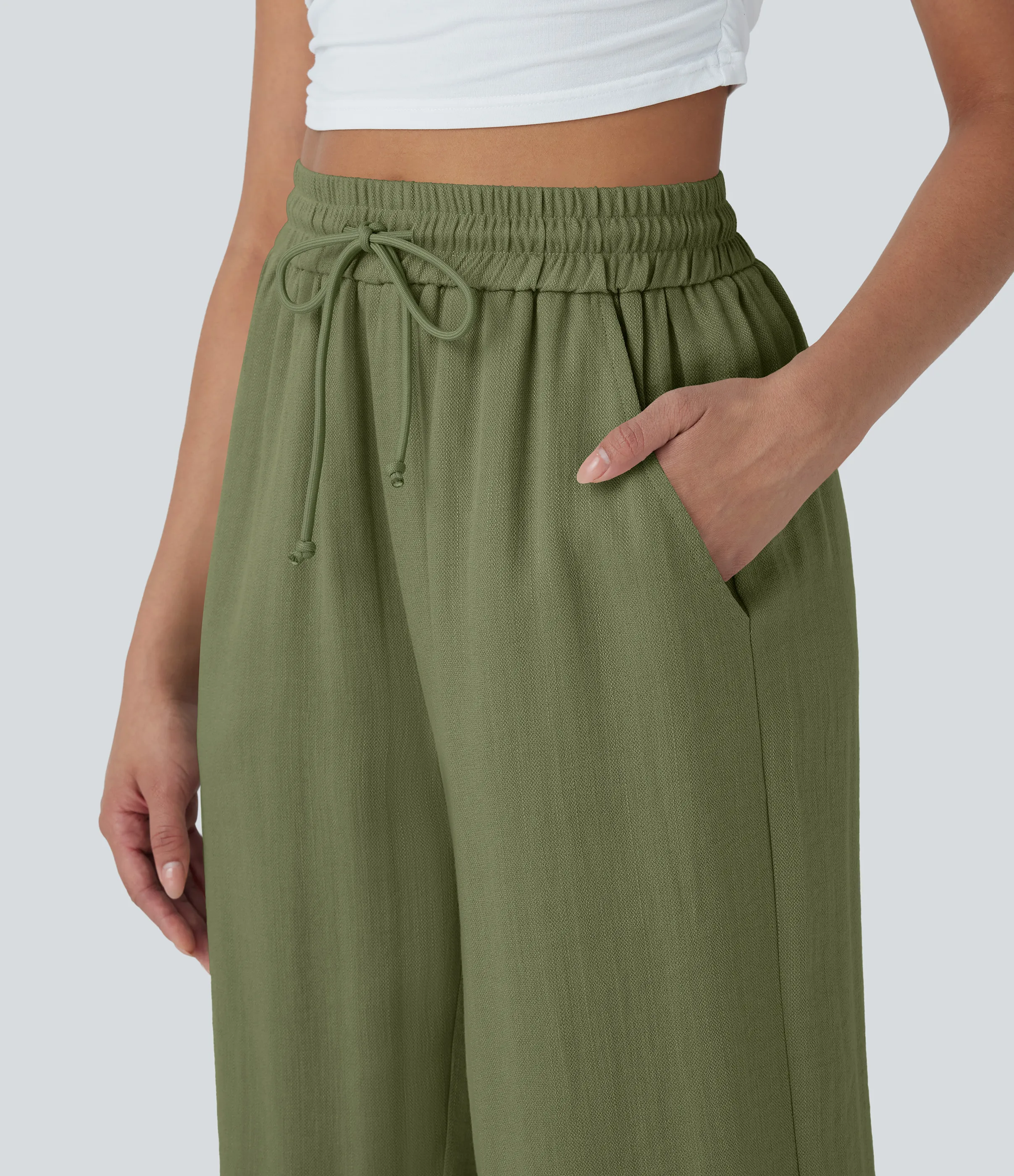 Halara Pantalón lino tiro alto cordón ajustable pierna ancha bolsillo lateral - Loden Green - XS(regular) sold by Halara product image thumbnail 5