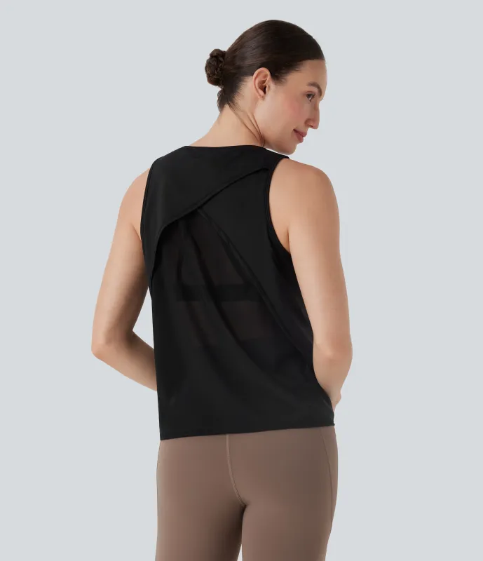 Halara Top deportivo de yoga cruzado con tejido en contraste - Black - XS sold by Halara