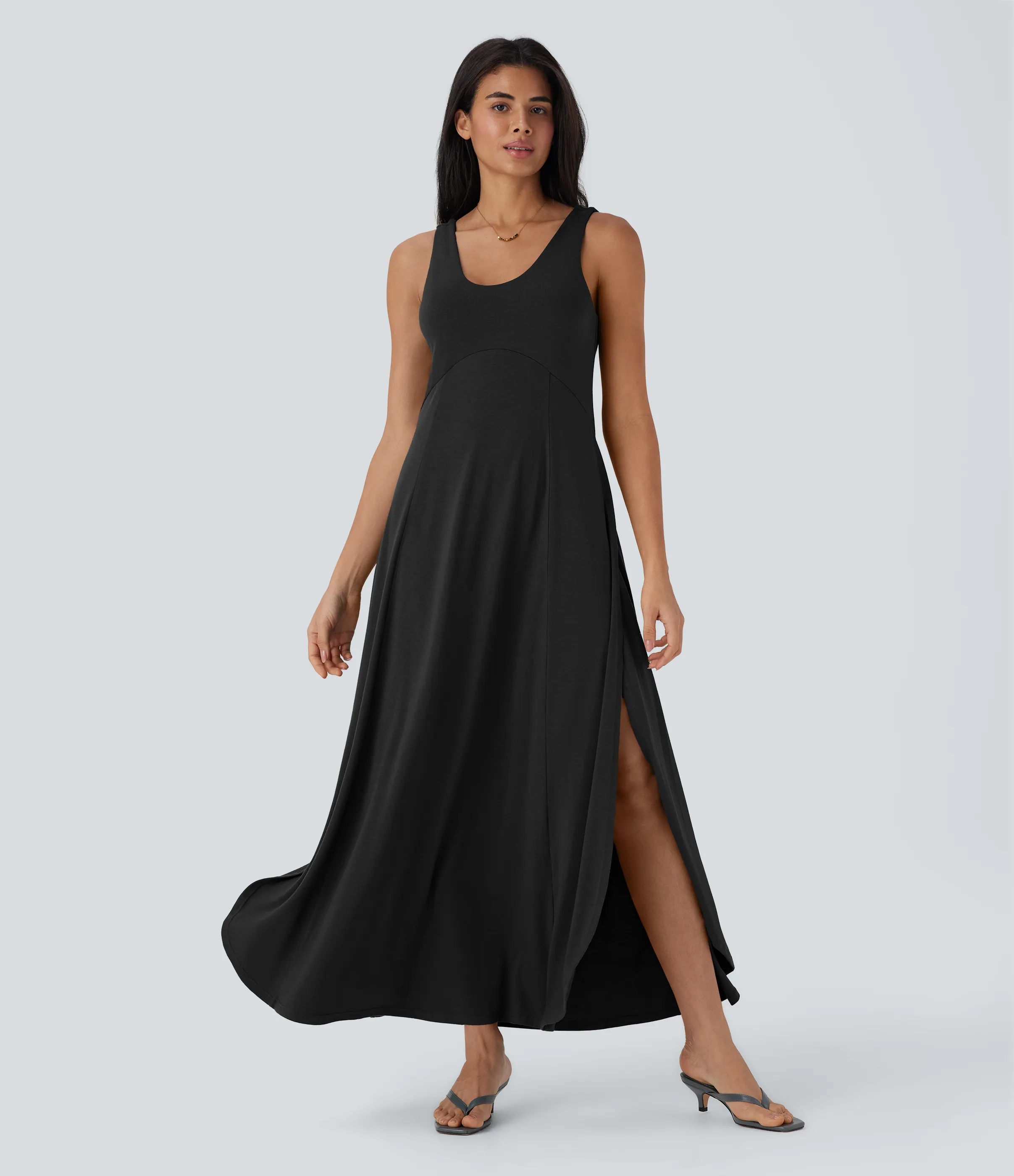 Halara Vestido largo casual fluido de tirantes con escote en U, abertura lateral y espalda descubierta - Black - XL sold by Halara product image thumbnail 4