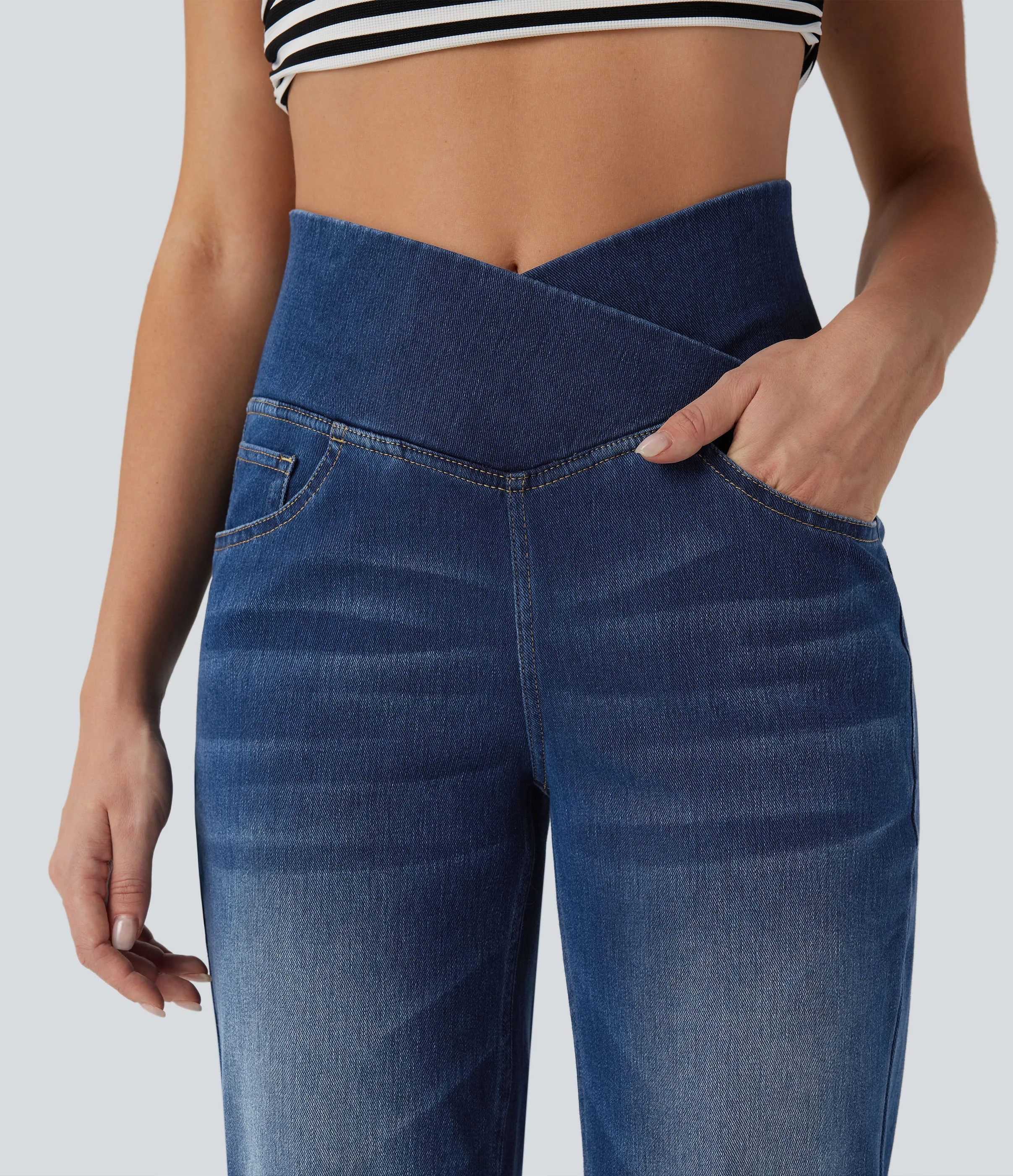 Halara Jeans casuales rectos con control de abdomen de tiro alto cruzado y bolsillos, estilo Halara Flex™ SoCinched - Estate Blue Denim - S(tall) sold by Halara product image thumbnail 5