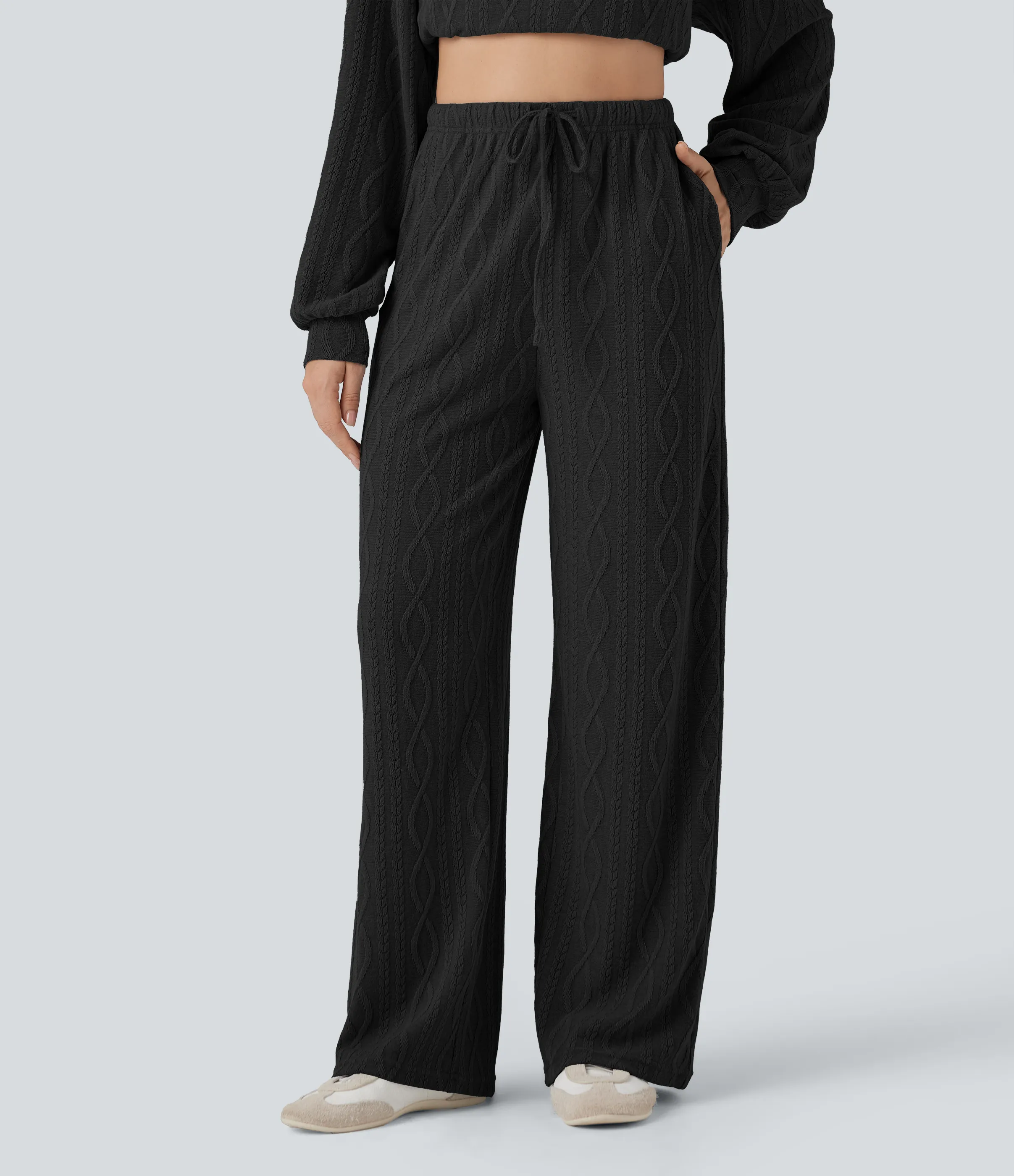 Halara Pantalones casuales de punto trenzado con cordón y tiro alto con bolsillos - Black - S(regular) sold by Halara