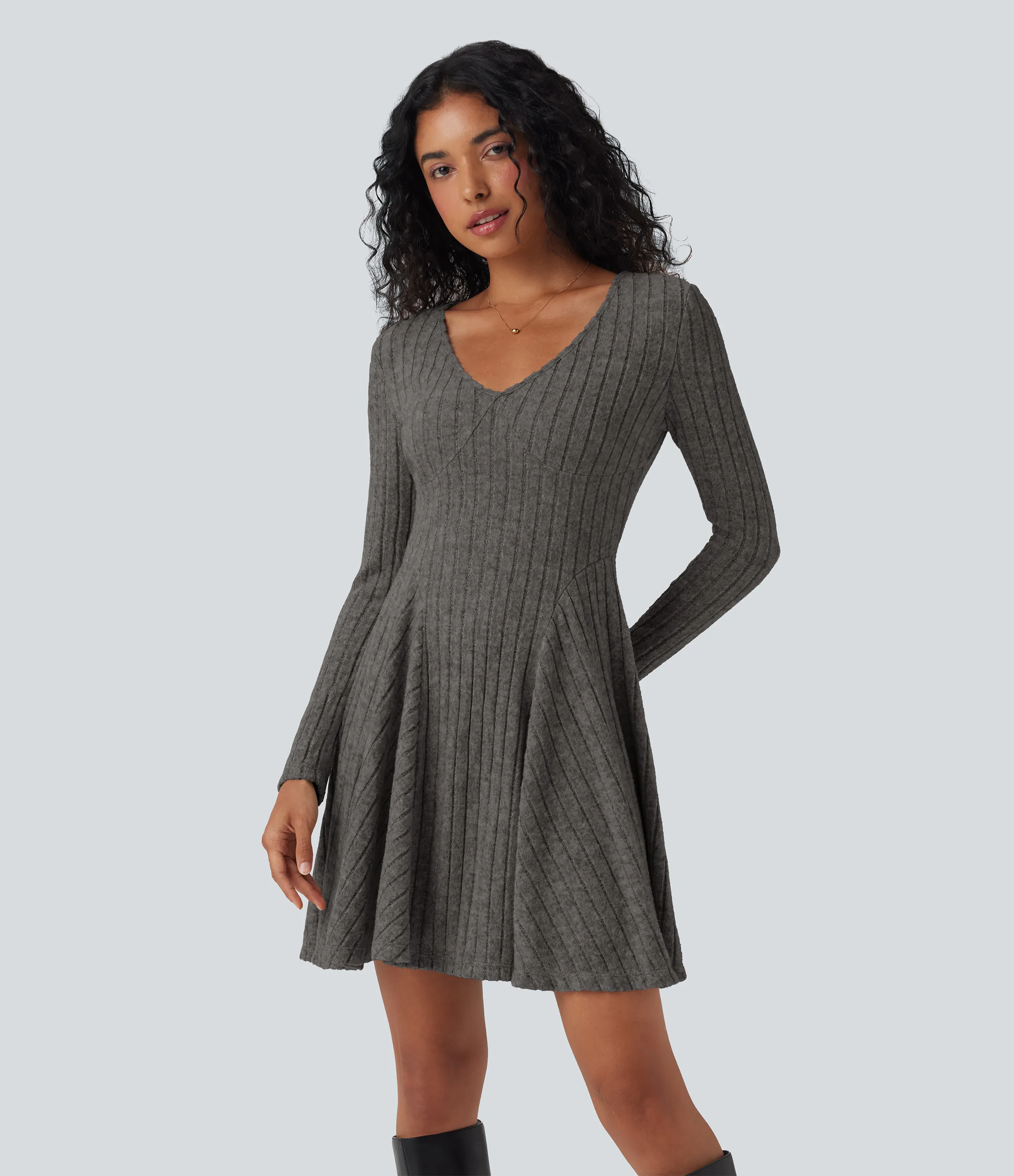 Halara Vestido mini casual acampanado de punto acanalado con cuello en V y manga larga - Mottled Dark Gray - XS sold by Halara product image thumbnail 4