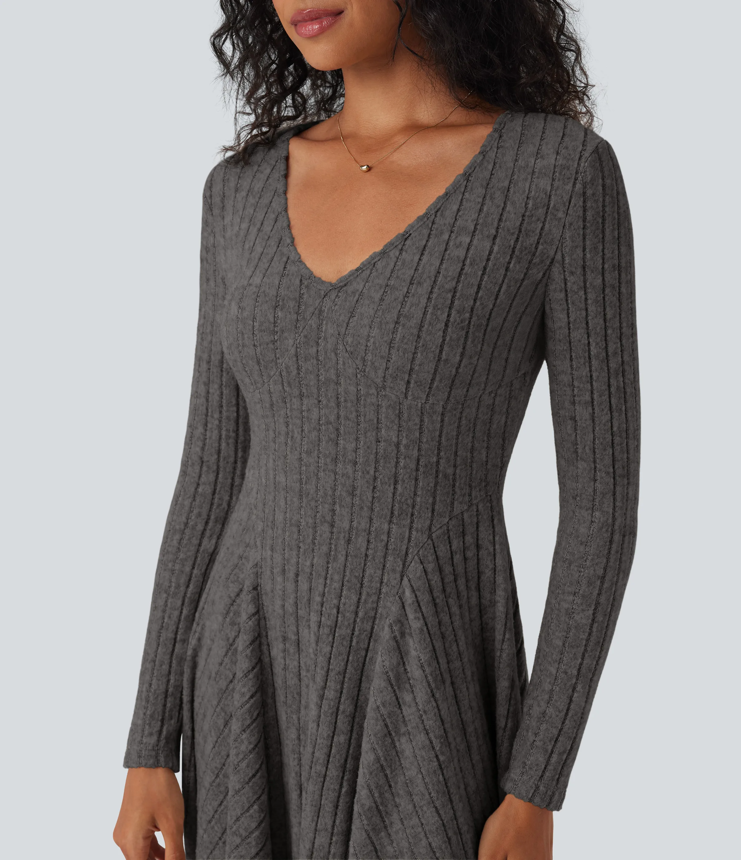 Halara Vestido mini casual acampanado de punto acanalado con cuello en V y manga larga - Mottled Dark Gray - XS sold by Halara product image thumbnail 5