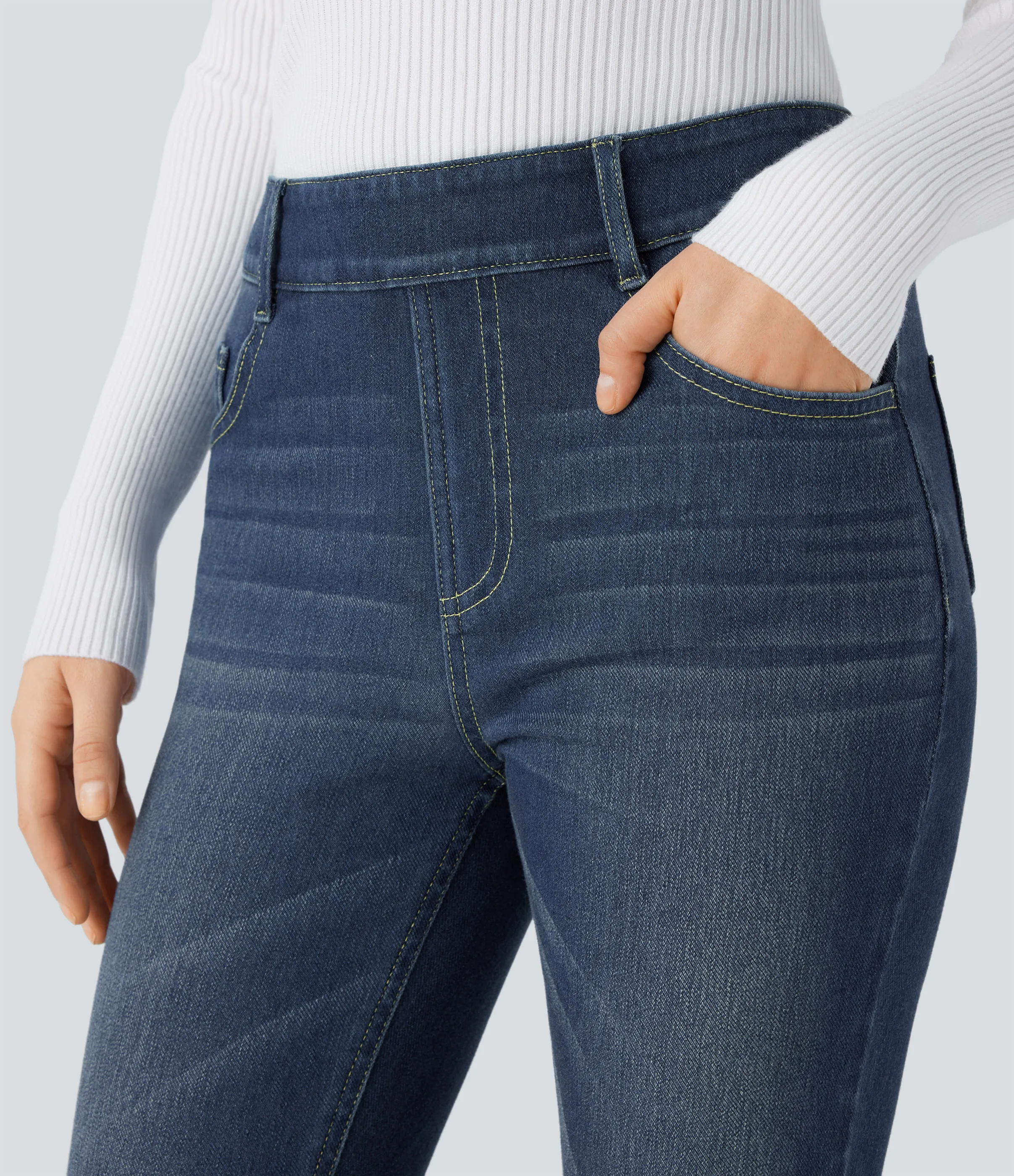 Halara Jeans Halara Flex™ Denim ajustado elástico múltiple bolsillo tiro medio - Distressed Denim Dark Blue - L(petite) sold by Halara product image thumbnail 5