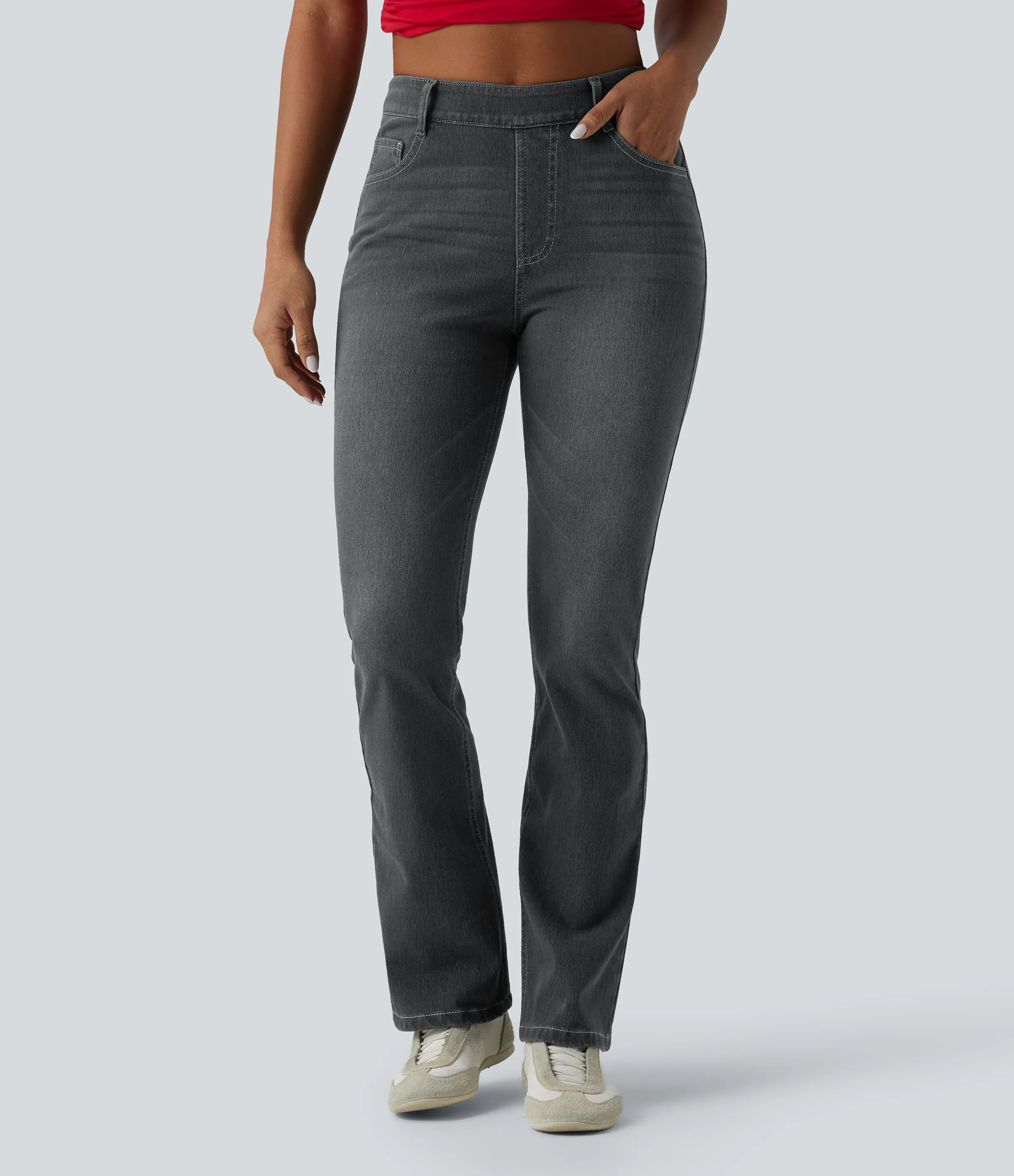 Halara Jeans Halara Flex™ Denim en corte de bota elásticos de tiro alto descoloridos con múltiples bolsillos - Iron Gate Denim - XL(regular) sold by Halara product image thumbnail 4