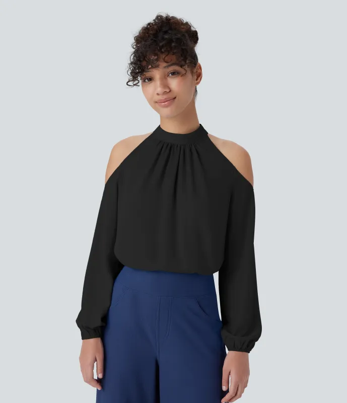 Halara Blusa cuello alto botón sin hombro manga obispo - Black - XS made by Halara