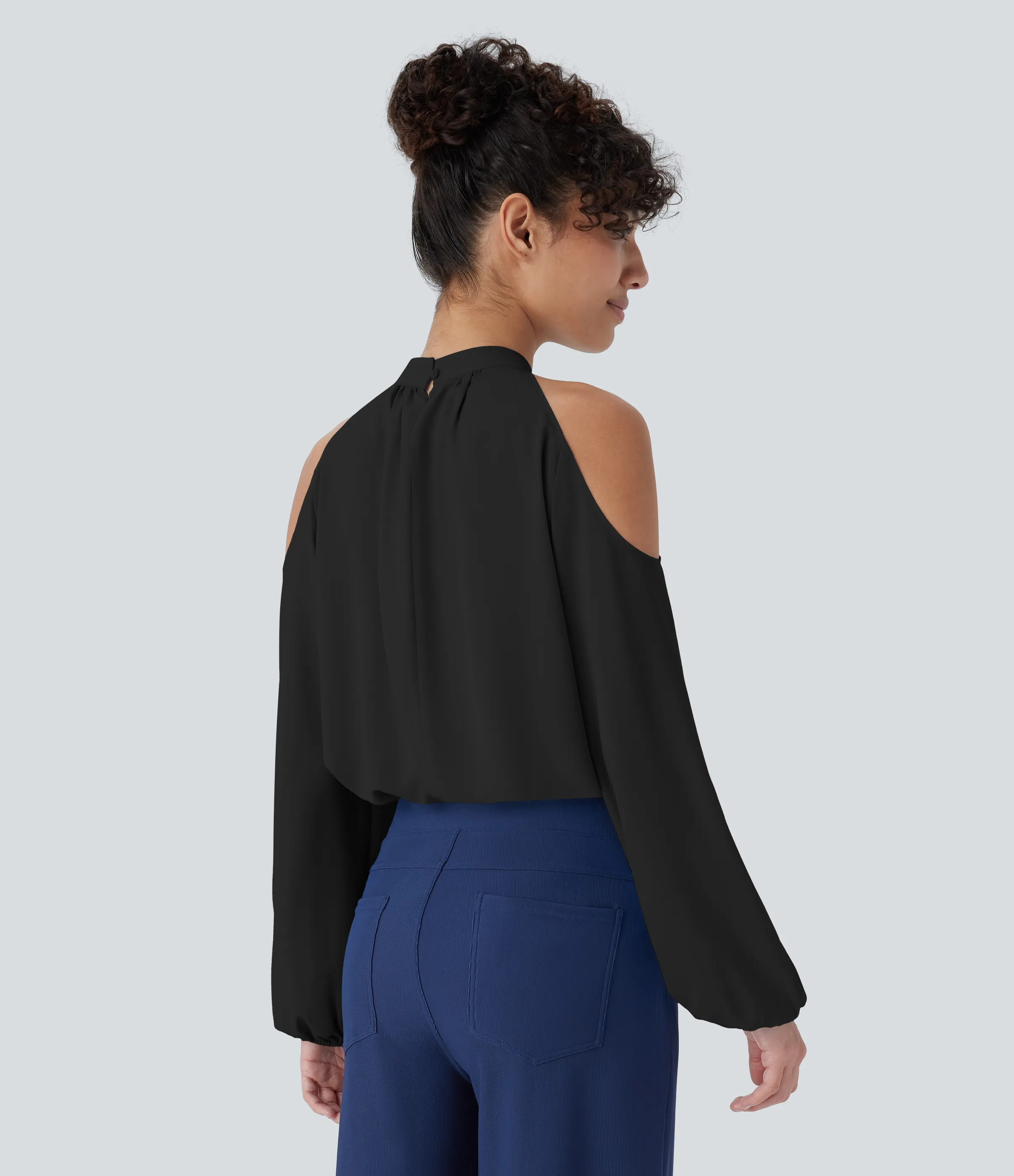 Halara Blusa cuello alto botón sin hombro manga obispo - Black - M sold by Halara product image thumbnail 3