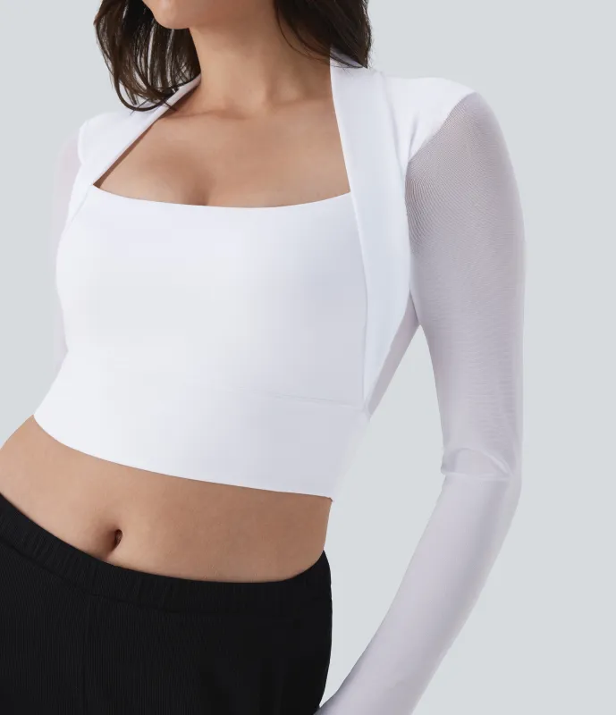 Halara Top ajustado 2 en 1 abertura pulgar manga larga malla contrastante - White - XL made by Halara