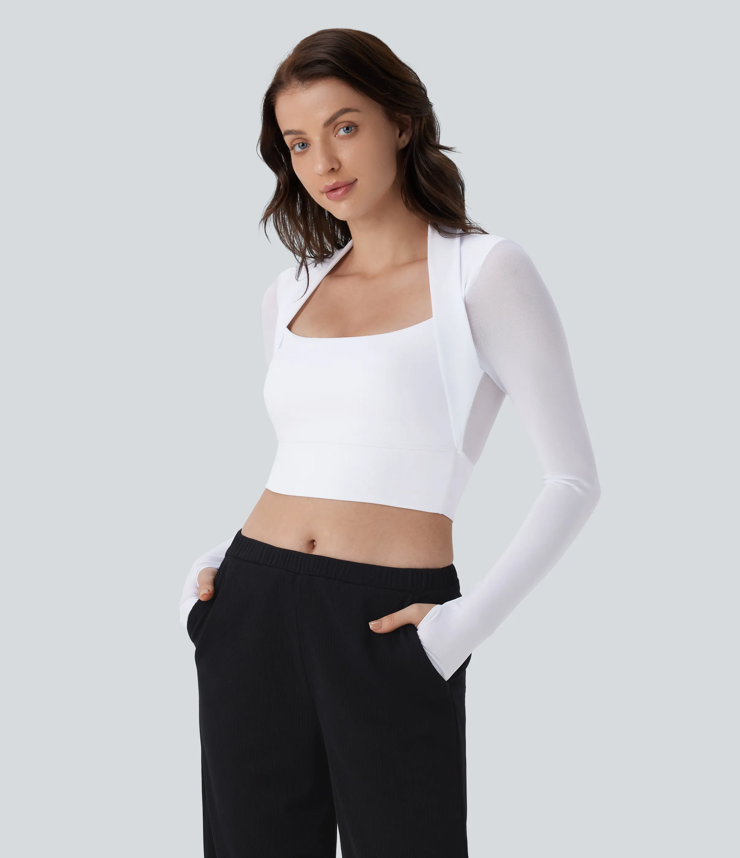 Halara Top ajustado 2 en 1 abertura pulgar manga larga malla contrastante - White - XL sold by Halara product image thumbnail 5