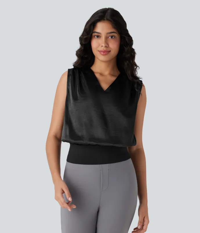 Halara Blusa de oficina sin mangas con cuello en V y efecto satén - Black - M sold by Halara