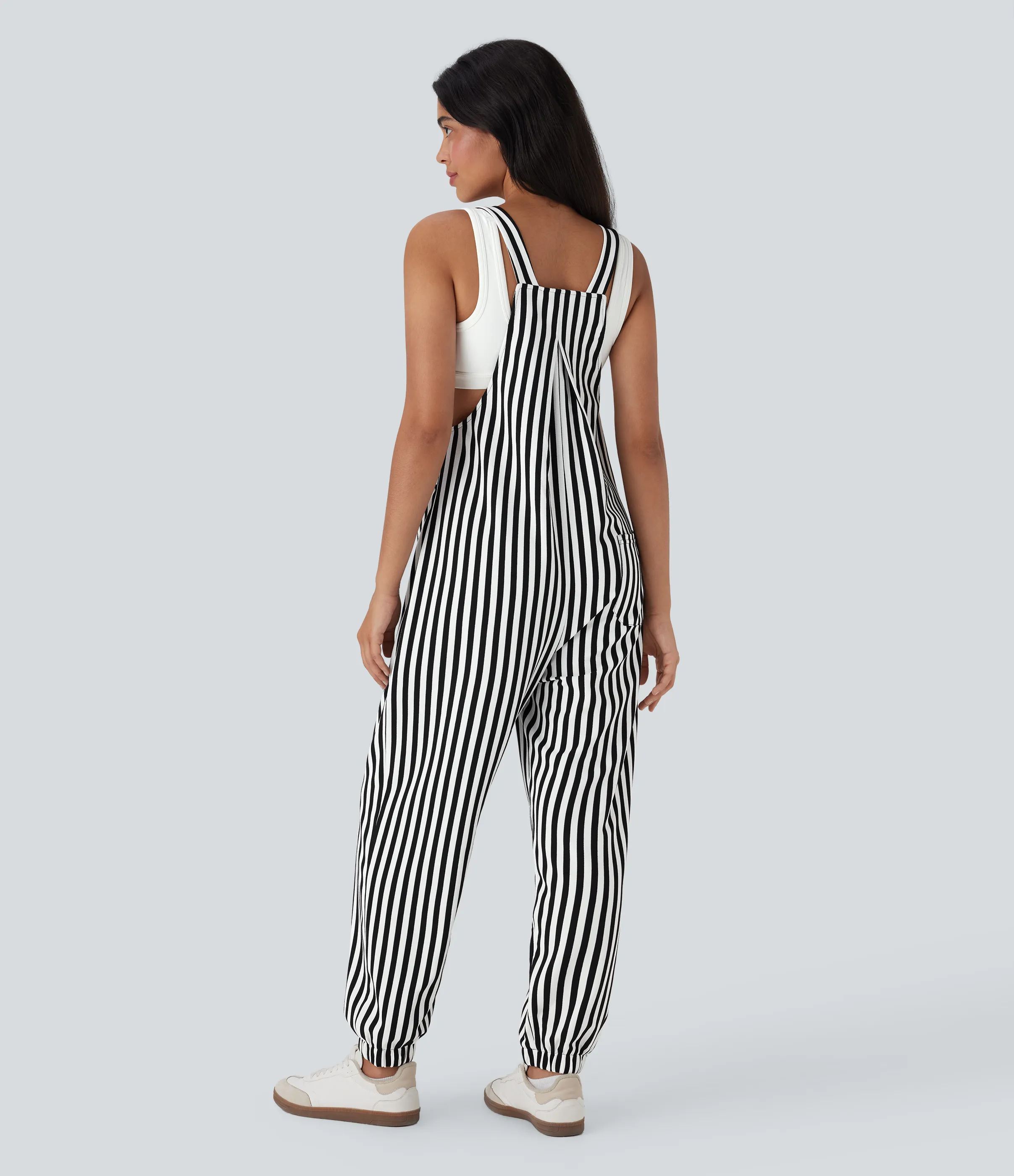 Halara Overol deportivo resort botón rayas tirante ajustable múltiple bolsillo - Black White Horizontal Stripe - M(regular) sold by Halara product image thumbnail 3