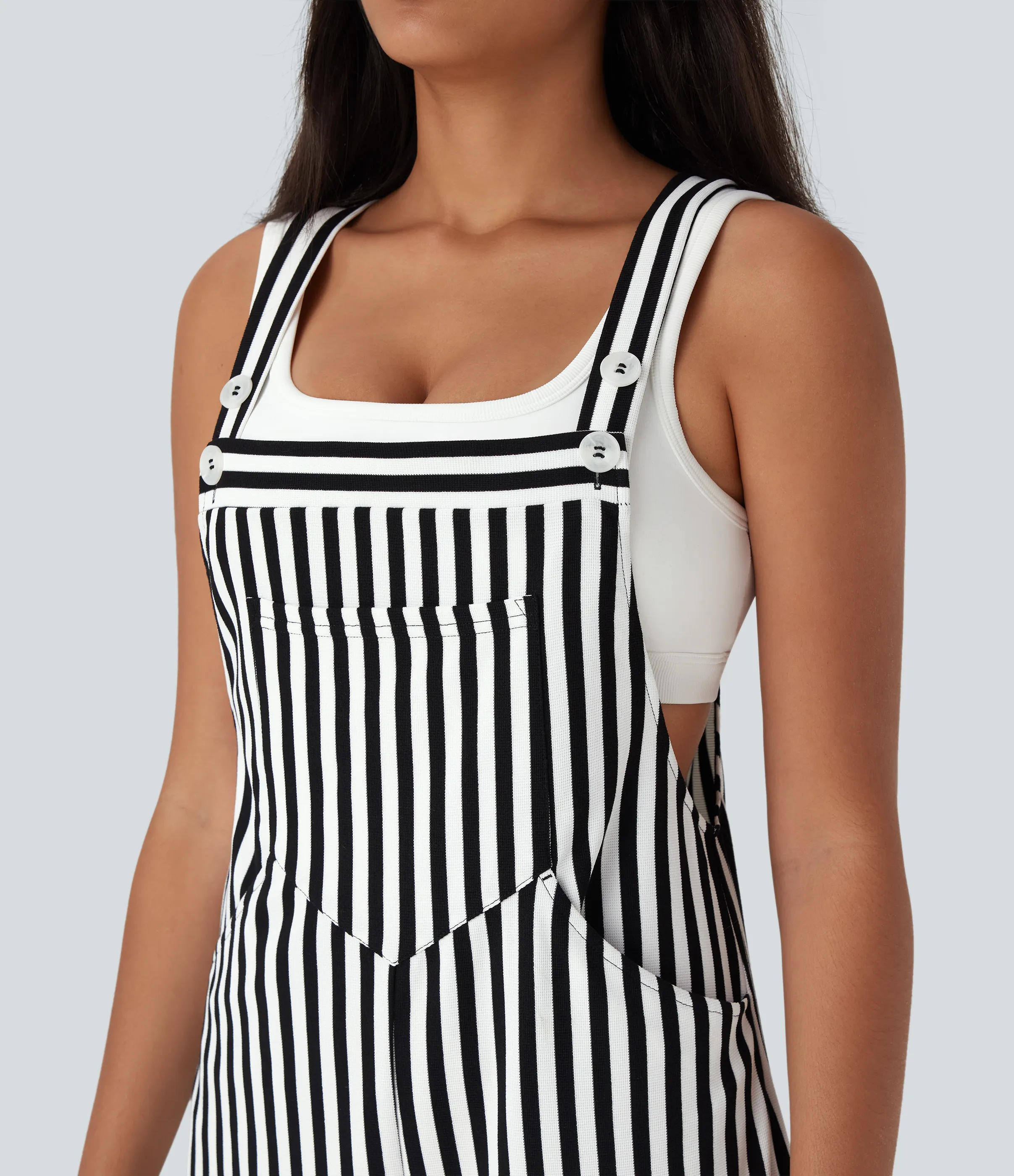 Halara Overol deportivo resort botón rayas tirante ajustable múltiple bolsillo - Black White Horizontal Stripe - M(regular) sold by Halara product image thumbnail 5