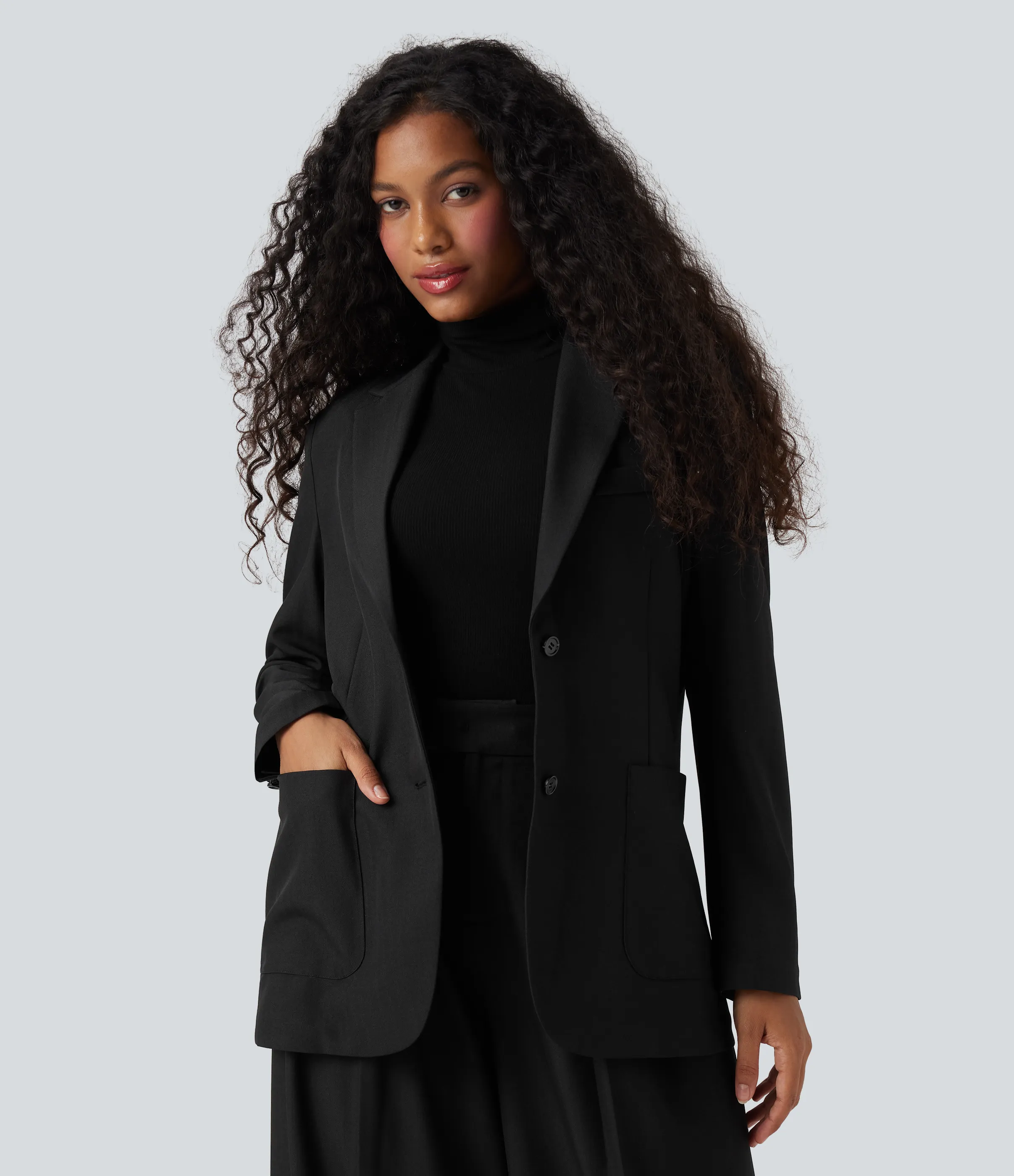 Halara Blazer de oficina de lino antiarrugas de manga larga con solapas y bolsillos - Black - XS sold by Halara product image thumbnail 2