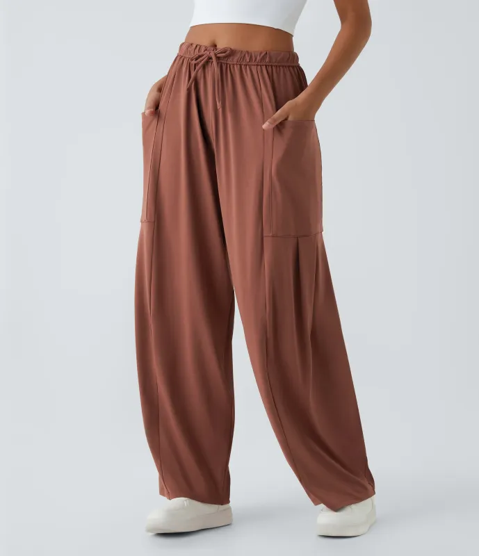 Halara Pantalón pierna ancha fluido palazzo bolsillo lateral cordón ajustable cintura elástica tiro medio - Maple Syrup - S(tall) sold by Halara