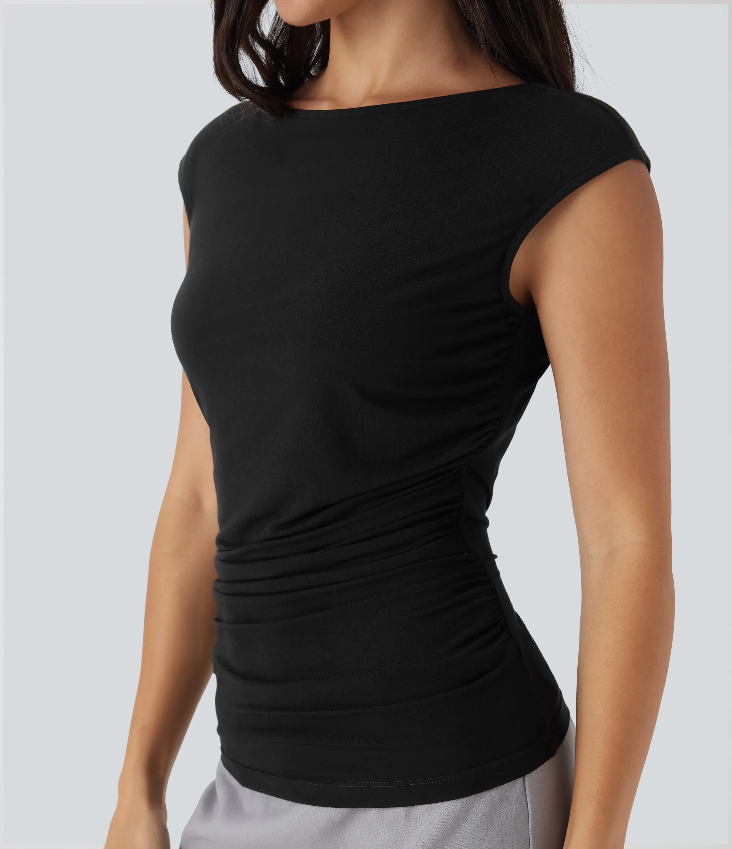 Halara Top casual fruncido con cuello barco y manga corta - Black - S sold by Halara product image thumbnail 5