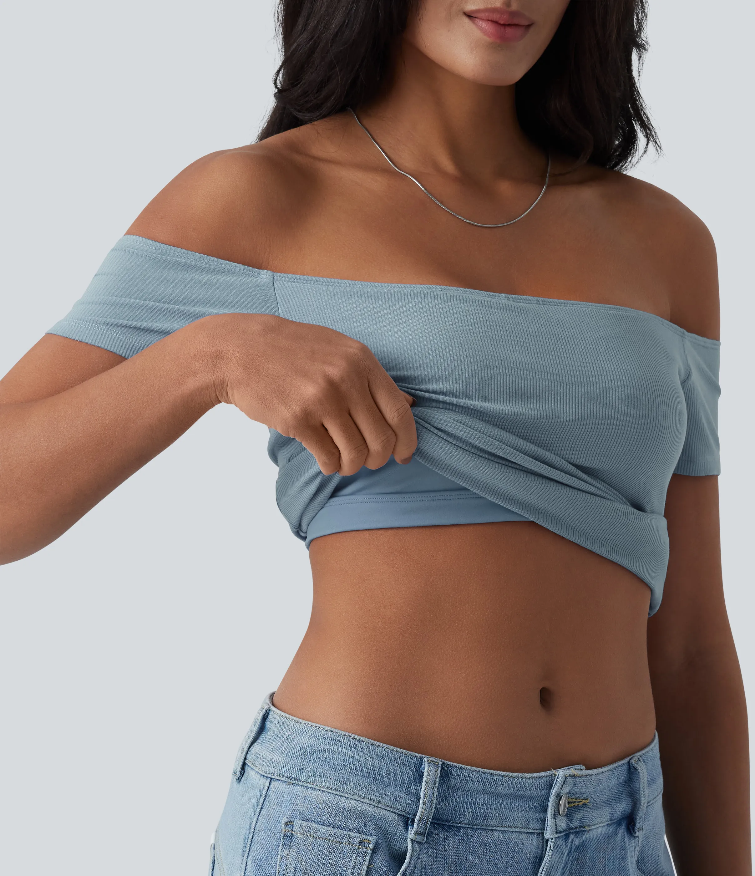 Halara Top informal 2 en 1 de punto acanalado con hombros descubiertos de manga corta y espalda descubierta - Dusty Blue - L sold by Halara product image thumbnail 2