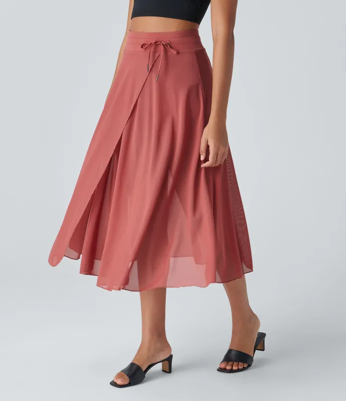 Halara Falda midi casual 2 en 1 acampanada con bolsillo lateral de tiro alto con cordón y malla en contraste - Rouge Dark Red - XL made by Halara