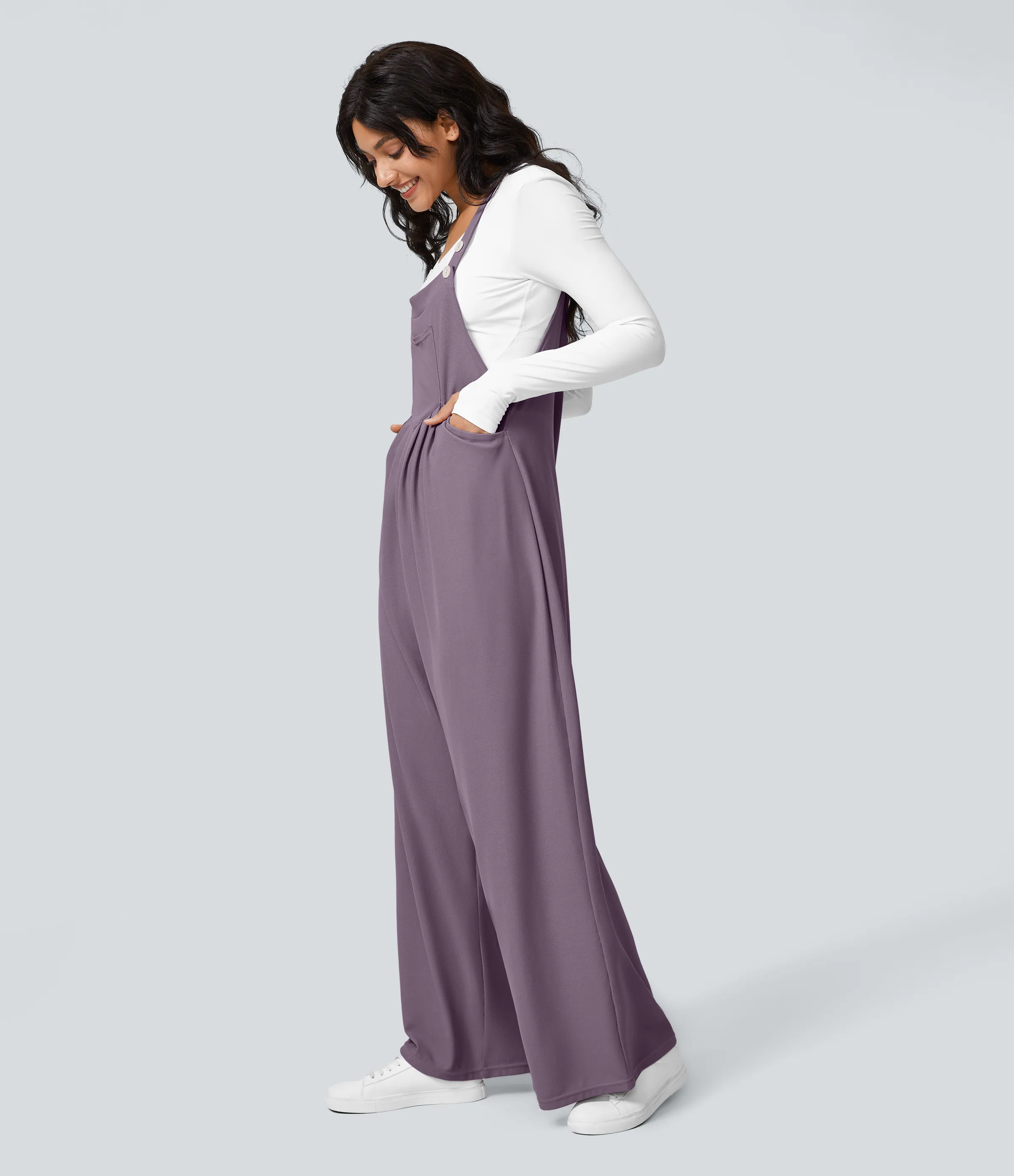 Halara Overol botón correa ajustable bolsillo múltiple gofre plisado - Hibiscus Purple - S(regular) sold by Halara product image thumbnail 5