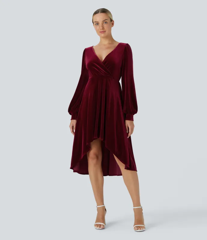 Halara Vestido midi terciopelo cuello V cruzado plisado manga larga largo hasta rodilla - Sangria - S sold by Halara