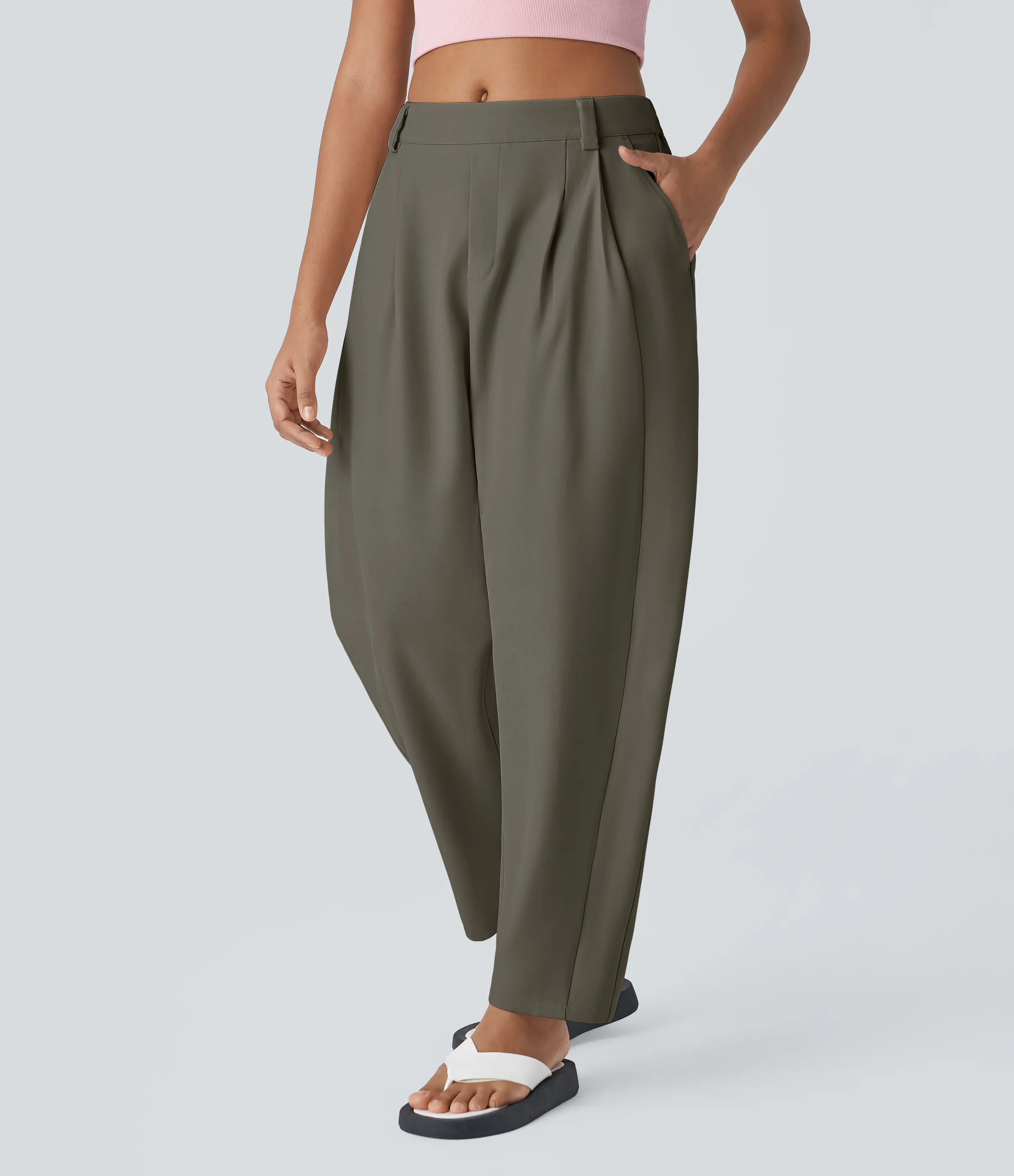 Halara Pantalón oficina pierna barril bolsillo lateral plisado tiro medio - Stone Gray - XL(regular) sold by Halara product image thumbnail 4