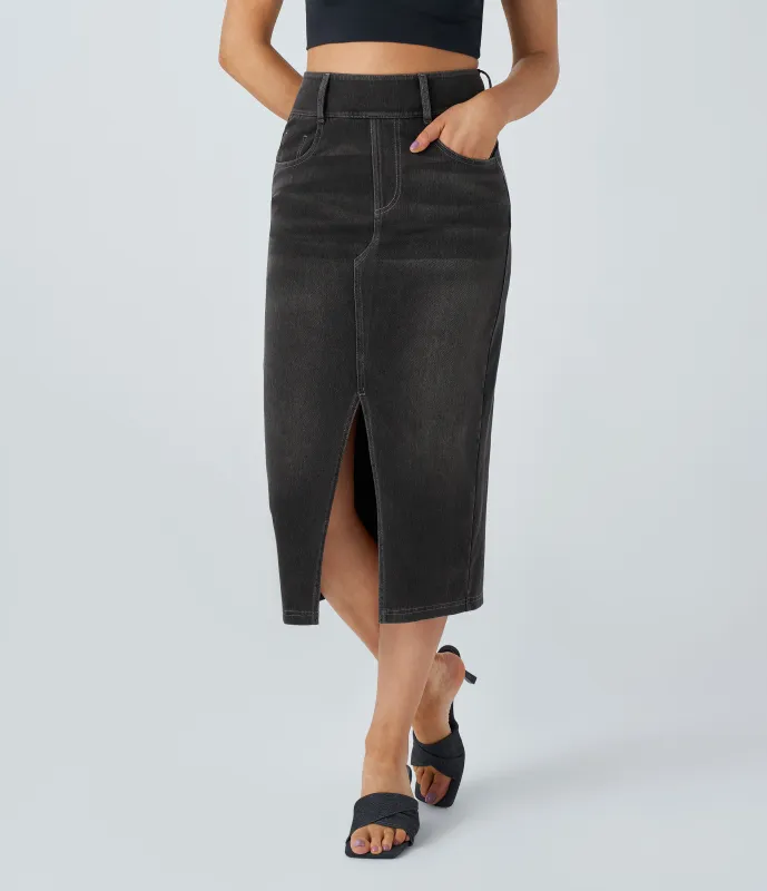 Halara Falda Midi Halara Flex™ Denim elástica de tiro alto descolorida con múltiples bolsillos - Dirty Grey Black Denim - M(regular) made by Halara