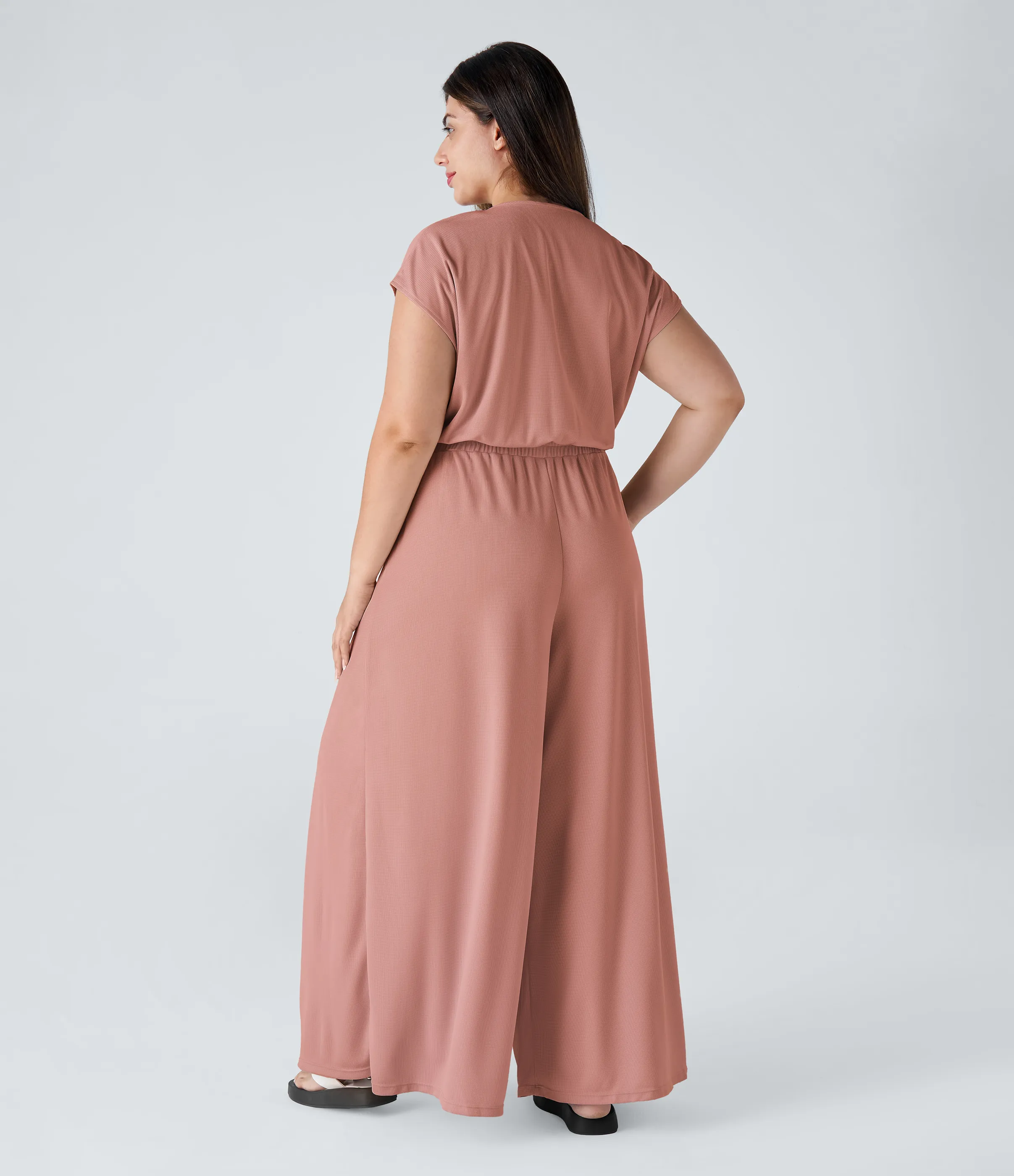 Halara Mono talla grande cuello V manga corta bolsillo lateral plisado pierna ancha gofre fluido - Rose Dawn - 2X sold by Halara product image thumbnail 3