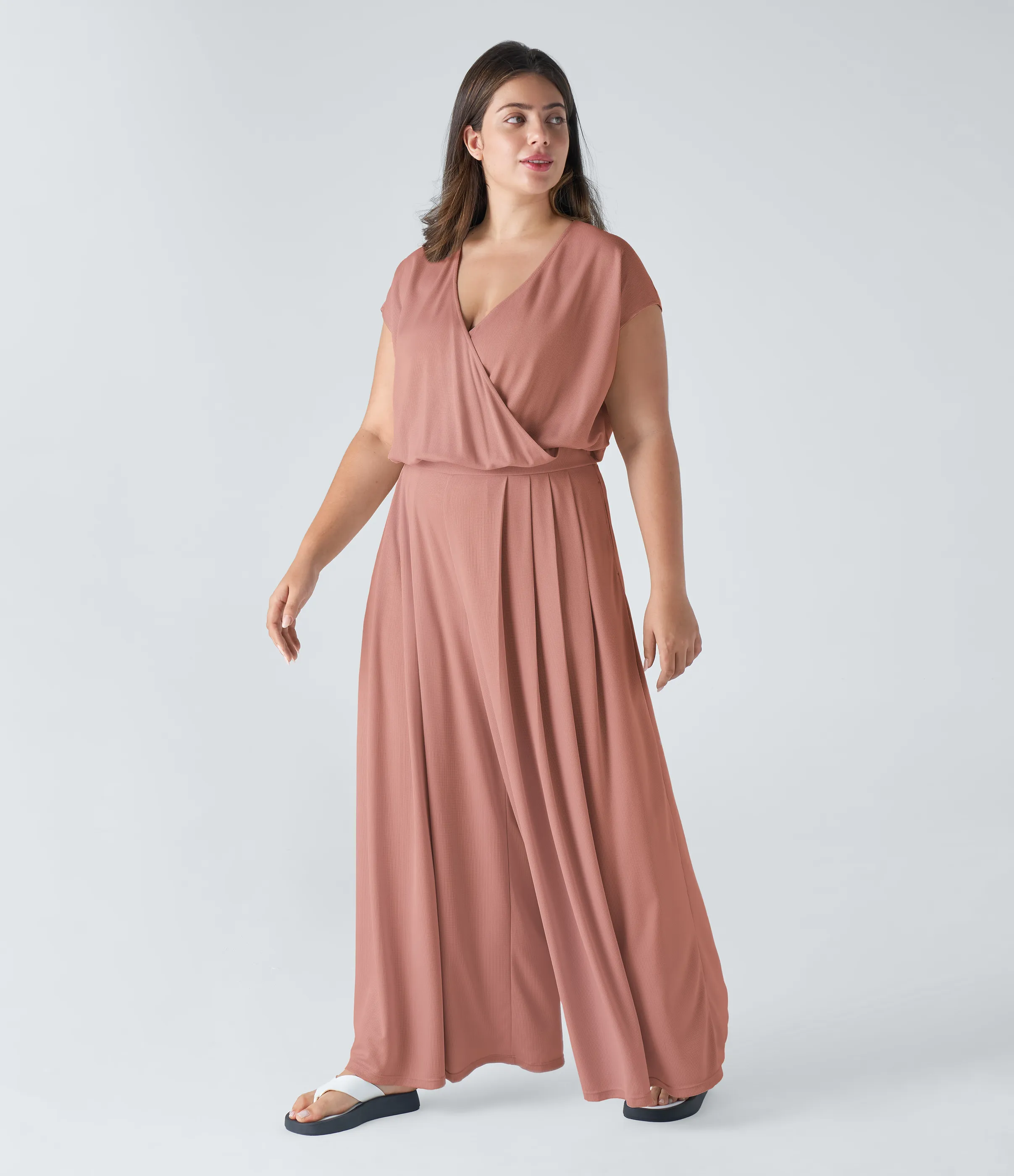 Halara Mono talla grande cuello V manga corta bolsillo lateral plisado pierna ancha gofre fluido - Rose Dawn - 2X sold by Halara product image thumbnail 4