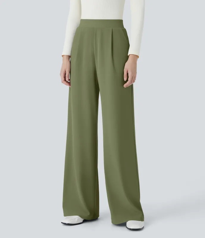 Halara Pantalón Halara Flex™ oficina tiro alto control abdomen adelgazan tiro bolsillo lateral pierna ancha micro gofre - Mosstone - XS(regular) made by Halara