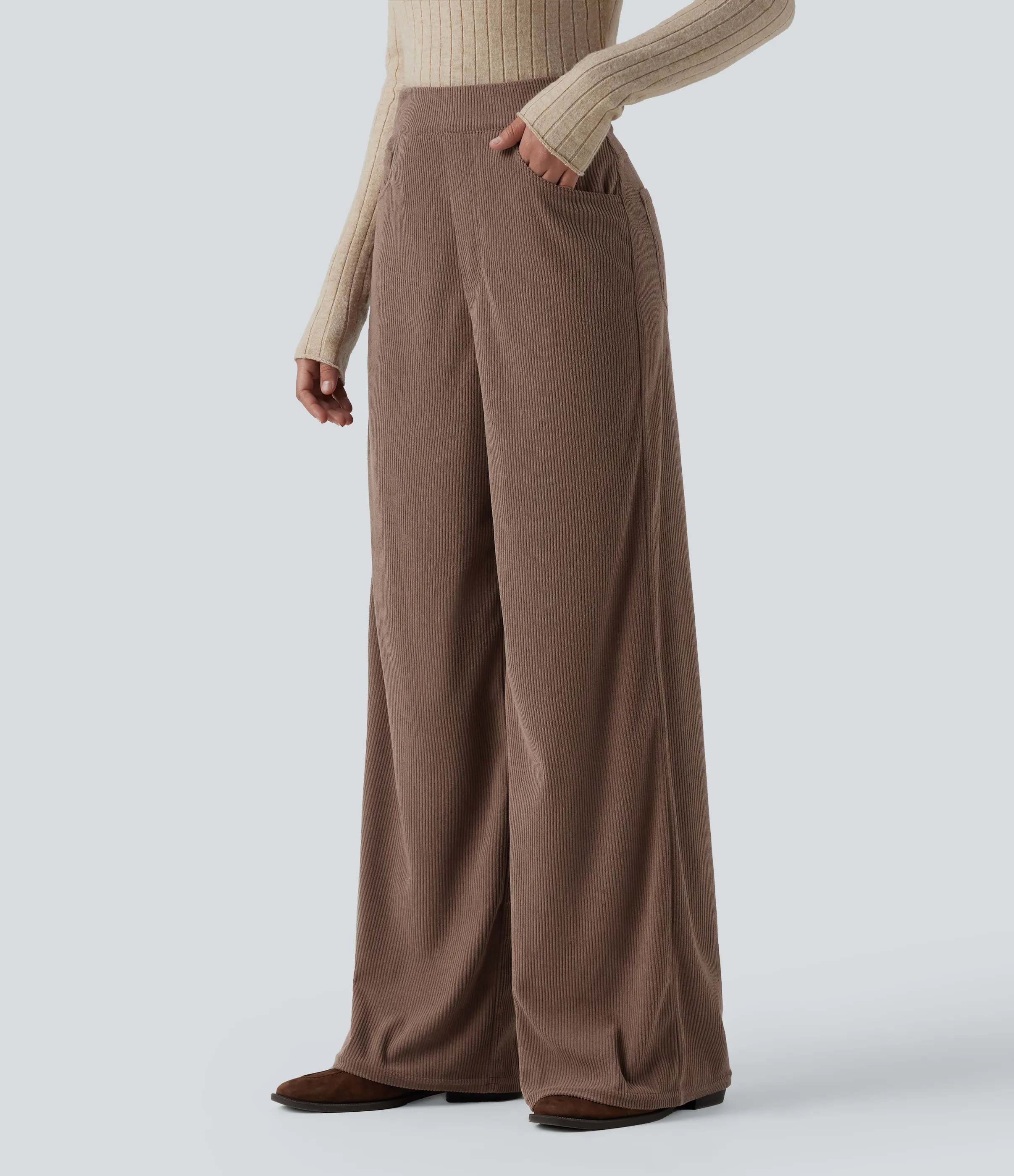 Halara Pantalón oficina pana tiro alto cremallera invisible múltiple bolsillo pierna ancha - Acorn - M(regular) sold by Halara